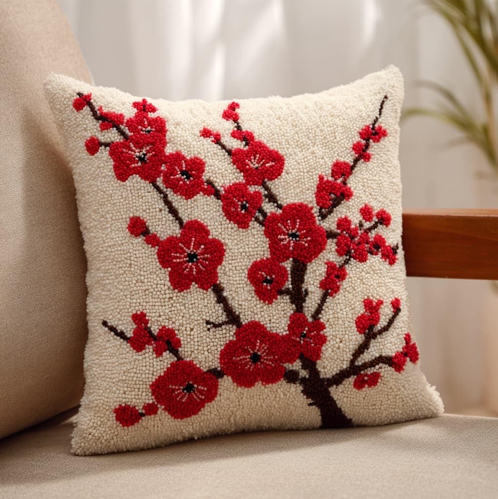 Henypt Latch Hook Cushion Making Set 17x17in,Plum Blossom Branches Beginner Friendly DIY Needlecraft Craft Kit for Adults,Ideal for Sofa & Bedroom