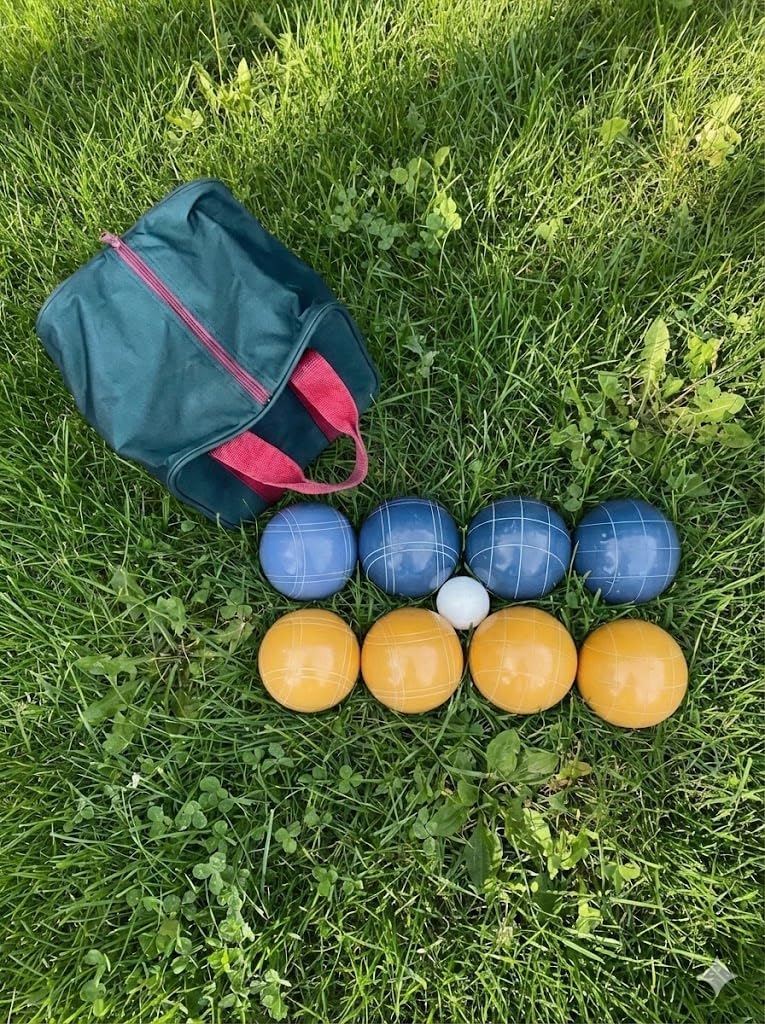 BuyBocceBalls Listing - Made in USA, Premium Quality Tournament Bocce Set - 110mm Blue and Yellow Balls, Nylon Blue Bag, 998 Grams (2 lbs. 3.2 oz.). Various Bag Colors