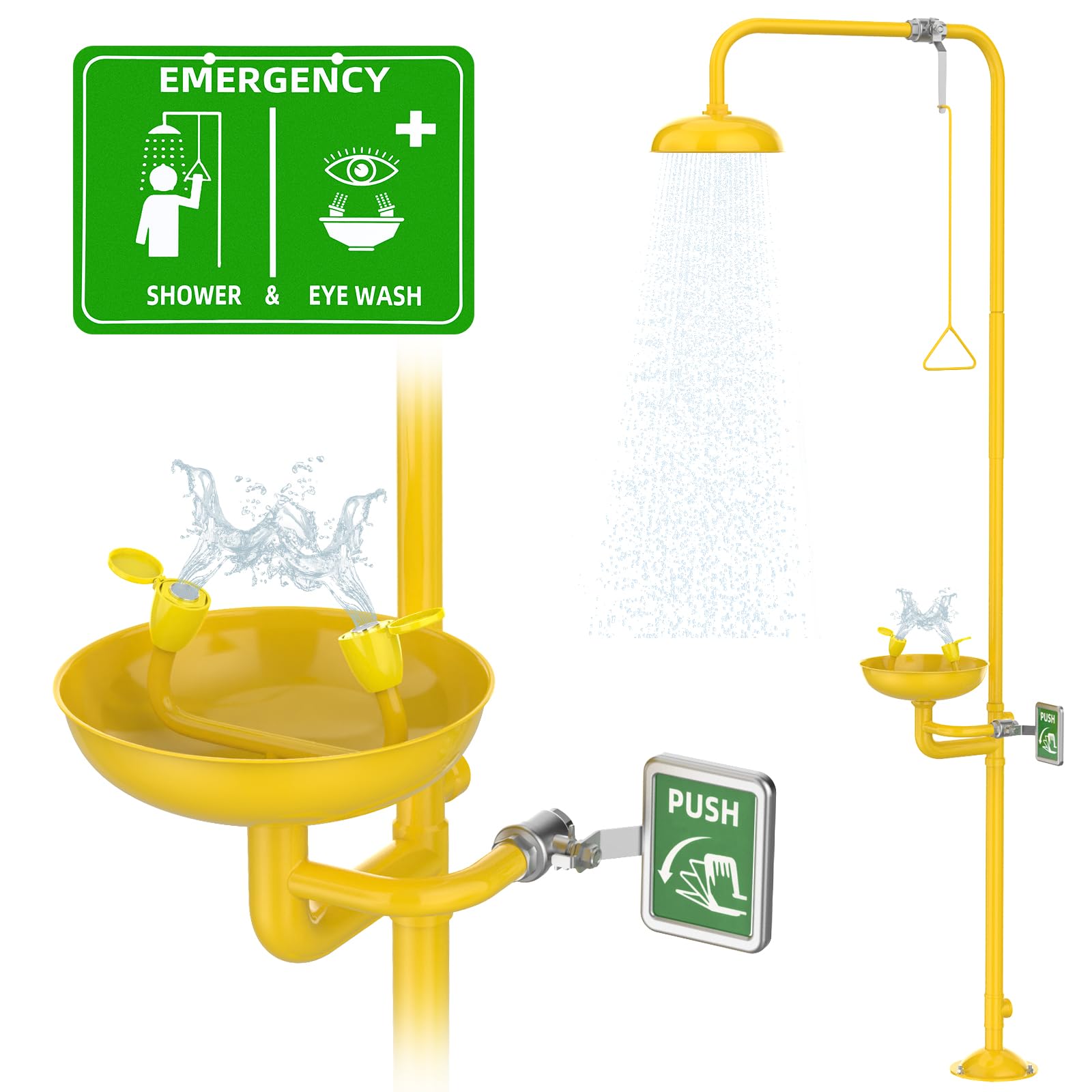 Emergency Shower Eye Wash Station, OSHA Approved Eyewash Station with Shower, First Aid Shower Combination Kit, Industrial Grade with Emergency Sign, 304 Stainless Steel Yellow ABS Coating