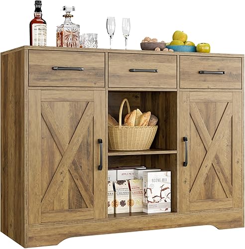 Miniatura 8 de HOSTACK Wood Modern Farmhouse Buffet Storage Cabinet Barn Doors Sideboard with Storage, Drawers and Shelves for Coffee Bar, Kitchen, Dining Room,