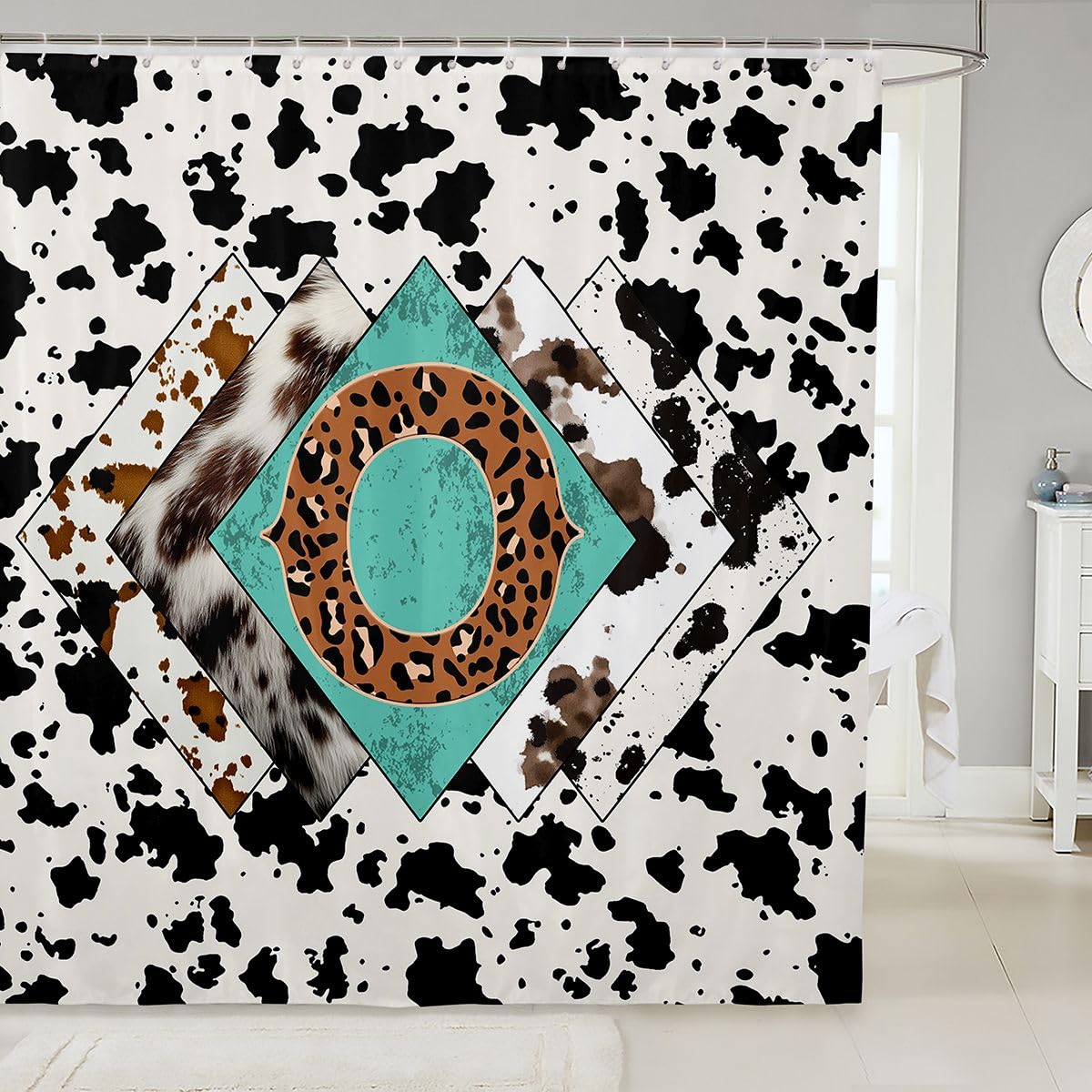 Rideau de douche lettre O taille L léopard monogramme alphabet imprimé cuir de vache rideau de bain pour adultes style rustique rustique rideaux de bain imperméables avec 12 crochets pour baignoire
