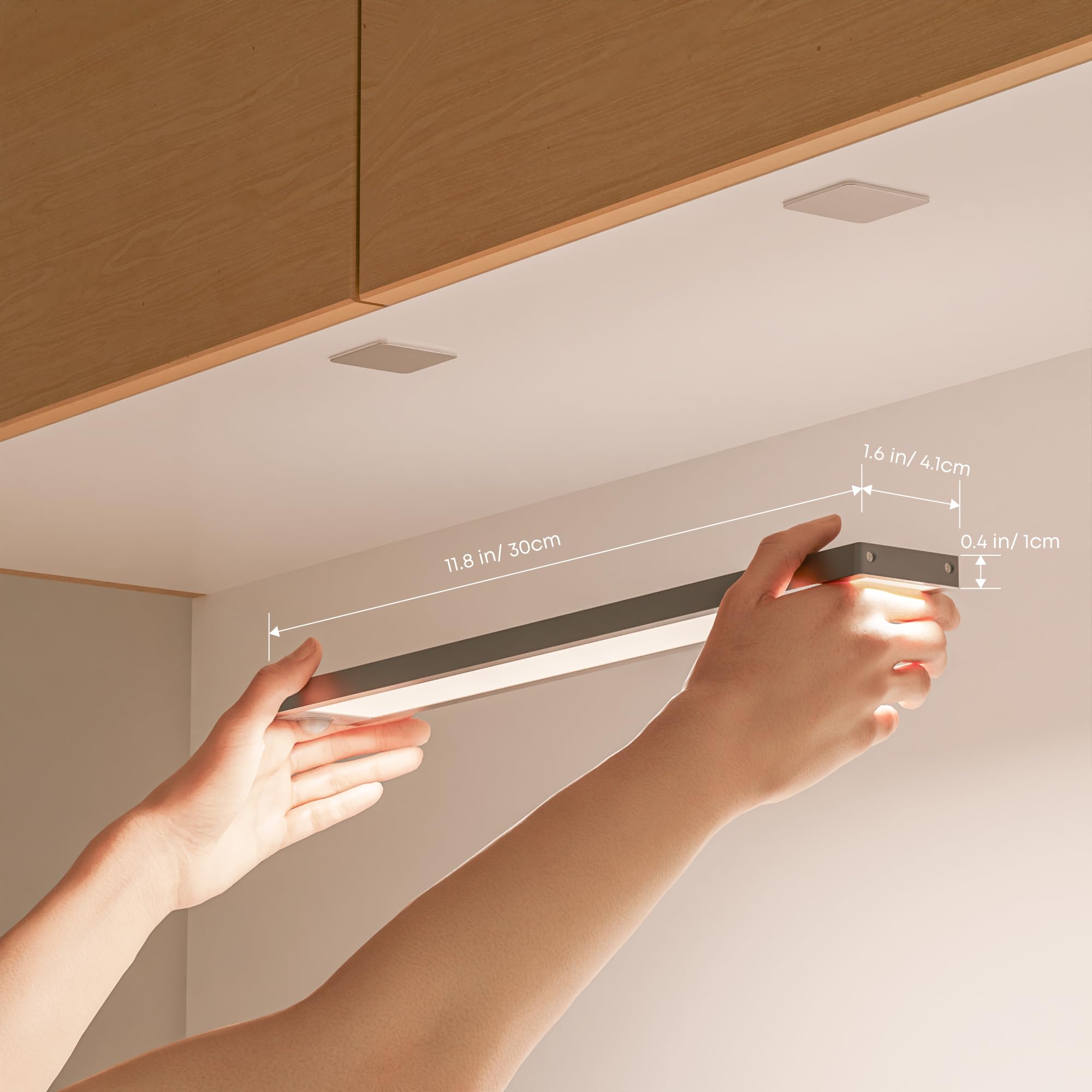 LROLTEF Luce LED Sottopensile Cucina 4000K 30CM Sensore di Movimento per Luci 2200mAh 48 LED Luce Armadio Lampada Dimmerabile per Cucina Scale Soggiorno Bagno Camere da Letto | 2 Pezzi Argento