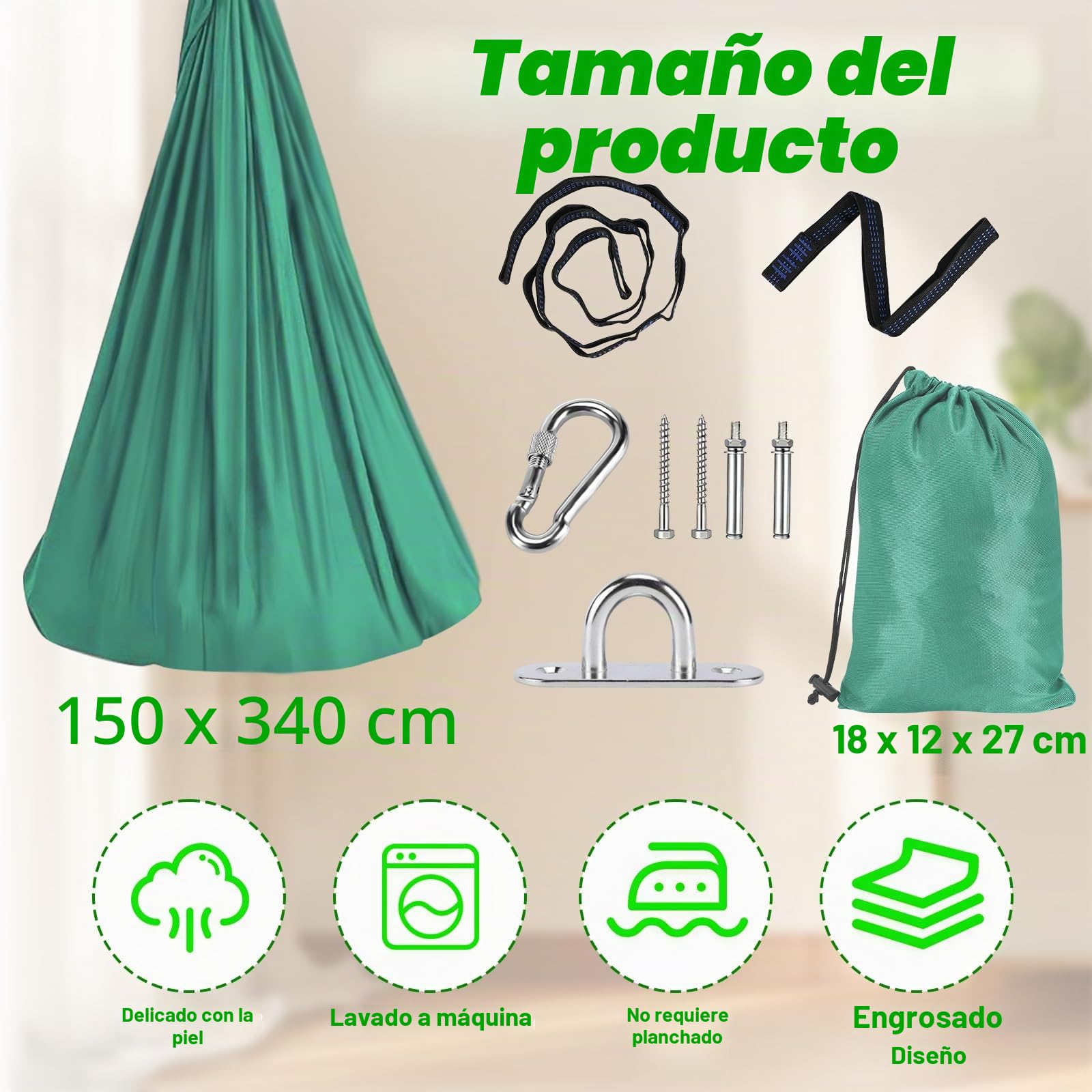 150 x 340 cm Hamaca con Accesorios de Instalación | Hamacas Colgantes Nailon Sin Costuras, Accesorios Completos, Hamaca para Acampar, Viajar, Jardín, 250 KG, Capacidad de Carga