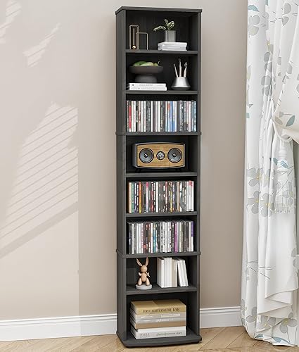 VPSMAT DVD Rack Tower, 8-Tier CD Cabinet with Adjustable Shelves DVD Storage Shelf for Living Room Bedroom Office - Black - 8-Tier