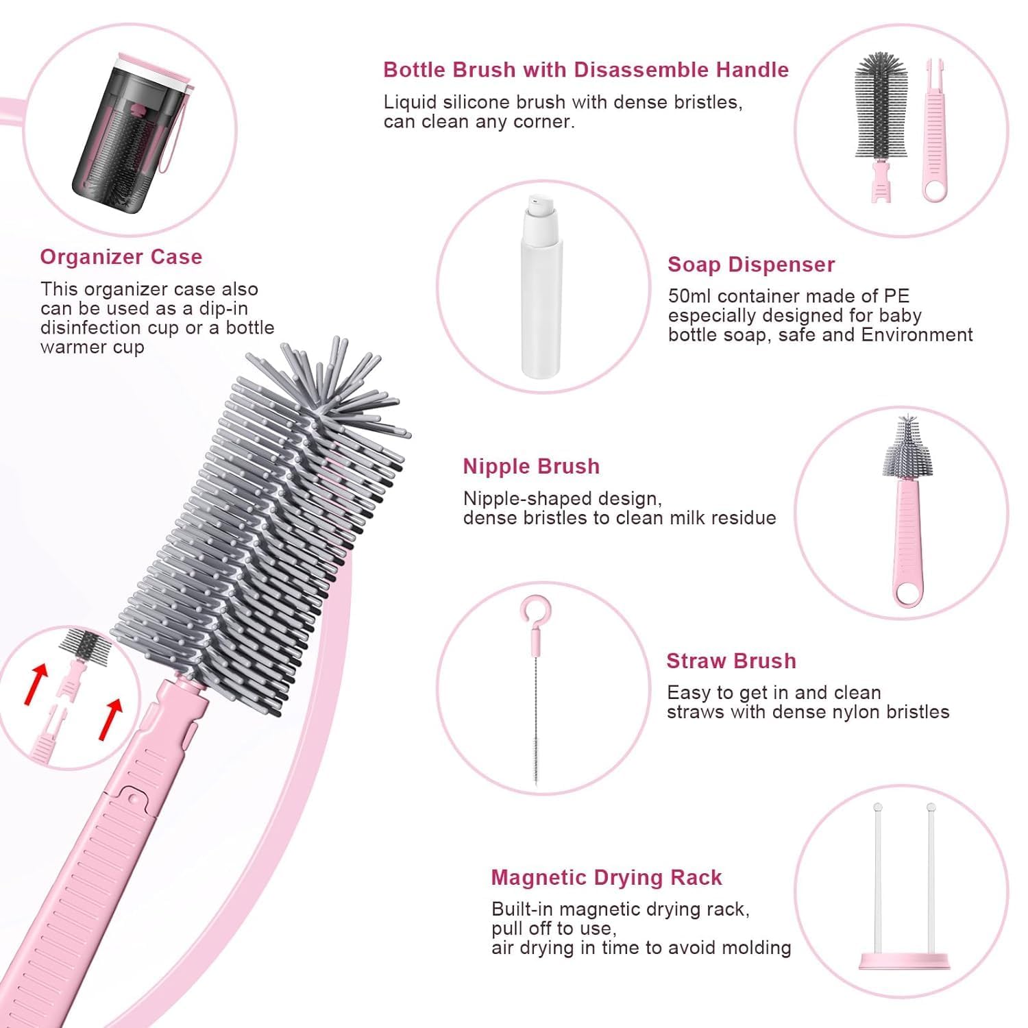 Parssufy Portable Baby Bottle Brush Kit Travel Feeding Bottle Cleaning Set Nursing Bottle Cleaner with Extendable Silicone Bottle Brush/Nipple Brush/Straw Brush/Drying Rack/Soap Dispenser/ (Pink) 1
