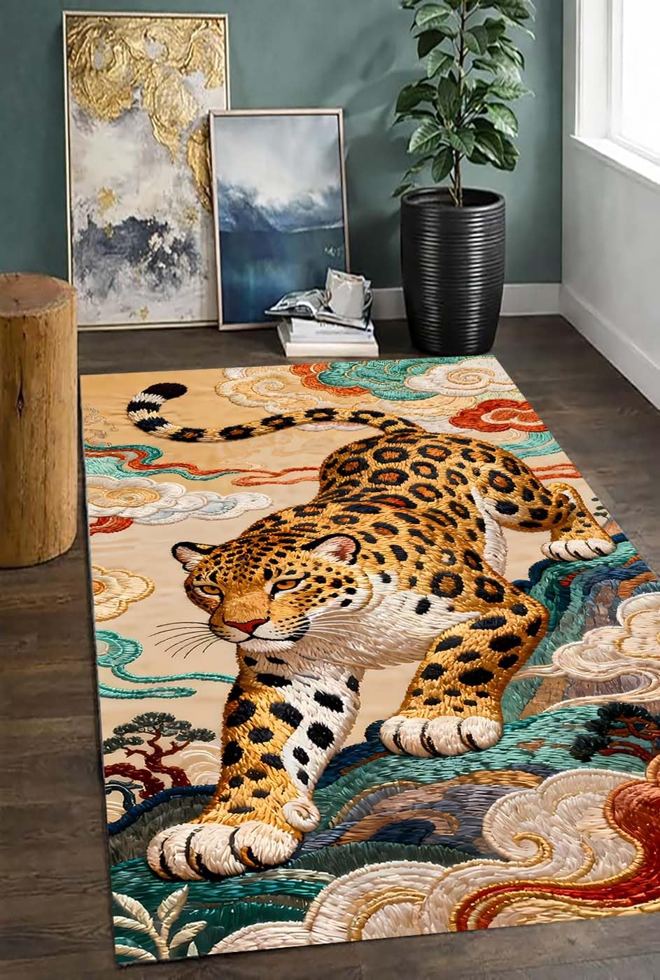 5 x 7 Feet Leopard Print Area Rug, Embroidery Style, Multicolour, Oriental Cloud Theme, Living Room Decor-picture-39
