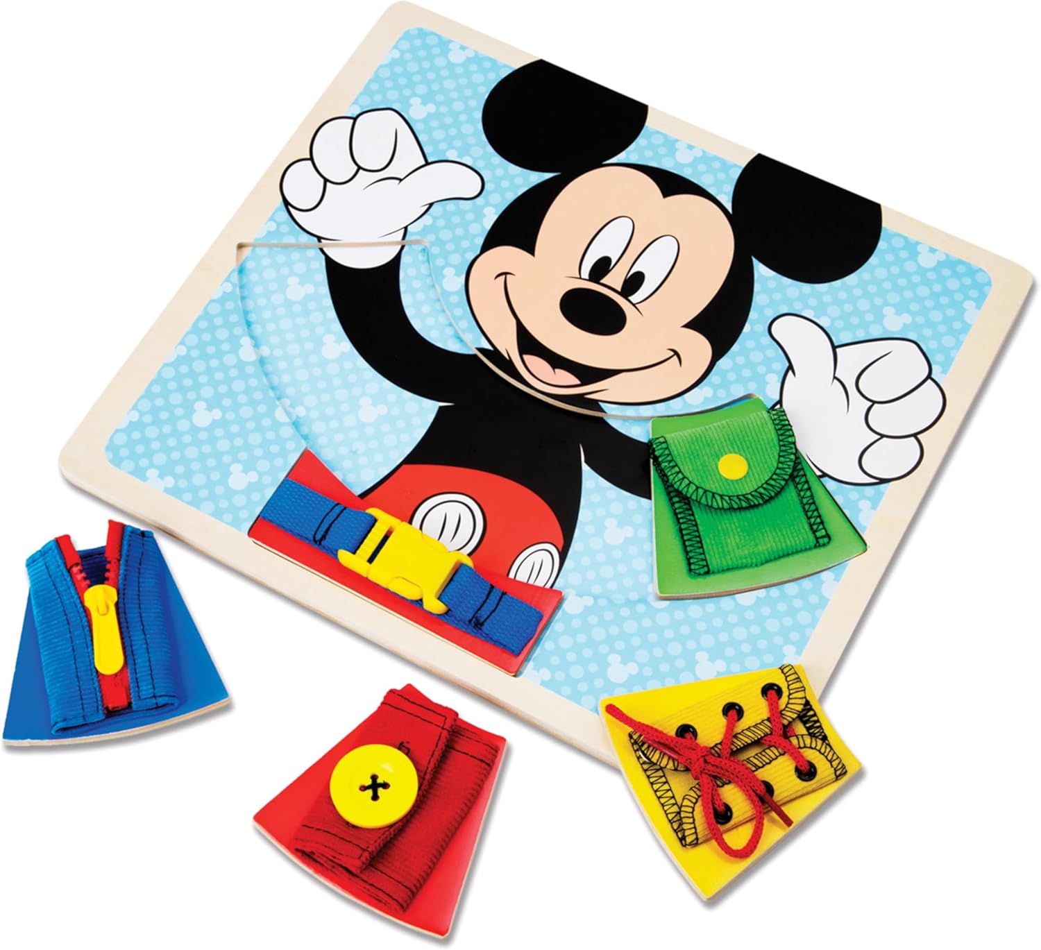 Melissa & Doug Mickey Mouse Clubhouse Wooden Basic Skills Board - Zip, Lace, Tie, Buckle, Button, and Snap