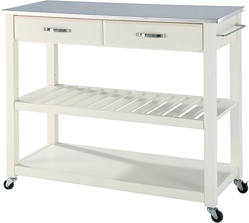 Crosley Furniture Carrito rodante de preparación de cocina de acero inoxidable, soporte para microondas, barra de café, con estantes, color blanco
