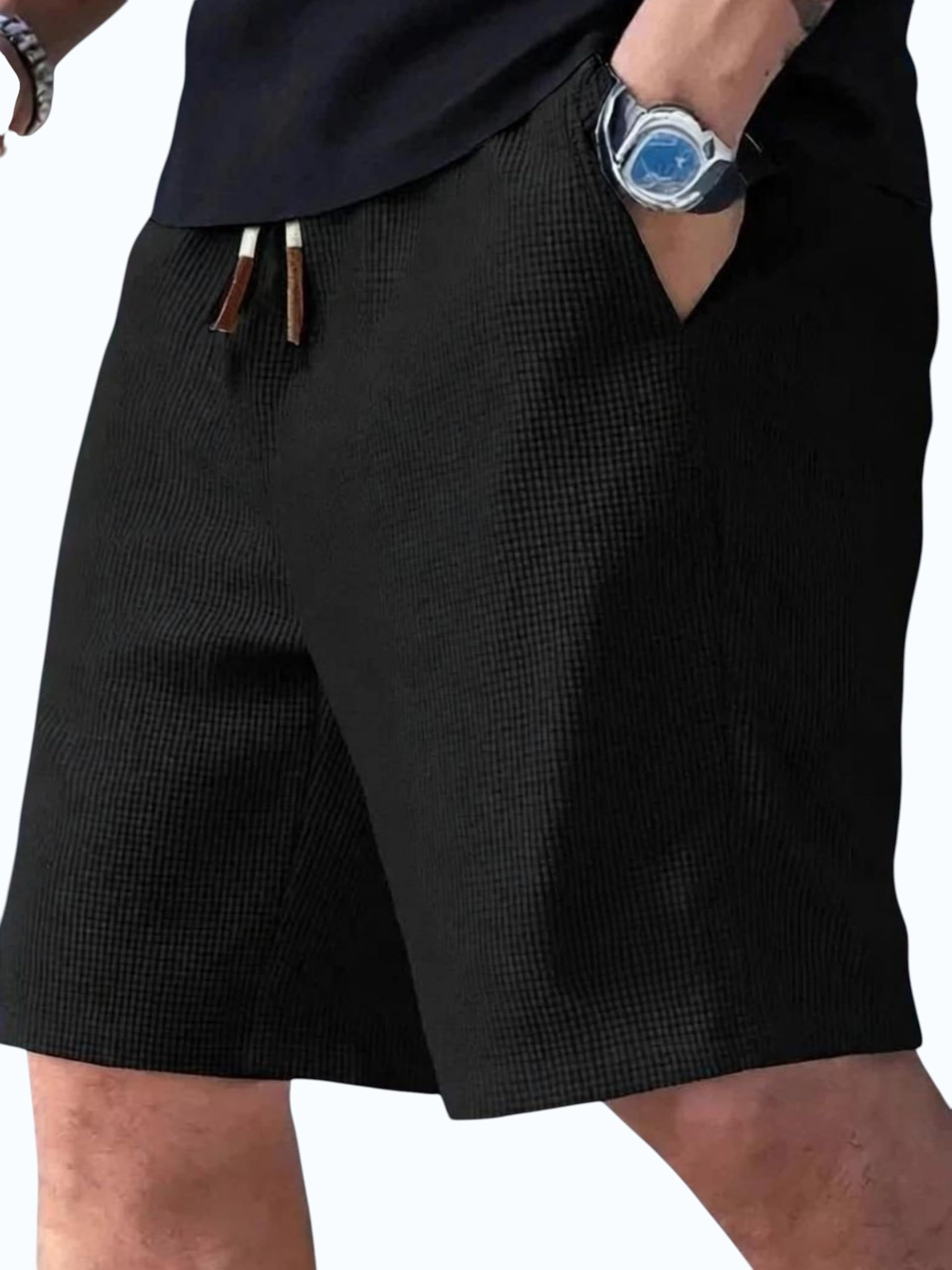 Men's Slim Fit Knitted Shorts, Navy Blue, Elastic Waistband with Drawstring, Breathable & Lightweight, Casual Lounge Wear for All Sessons-picture-49