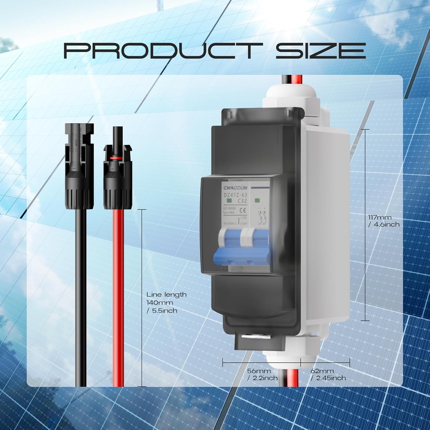 Solar Panel Disconnect Switch, cnaodun 32Amp DC 1000V Miniature Circuit Breaker PV Disconnect Switch Breaker Box with IP65 Waterproof UV-Proof Box