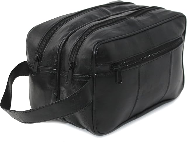 RAS Wallets Mens Large Genuine Leather Travel Overnight Wash Gym Toiletry Shaving Bag 3520 Black