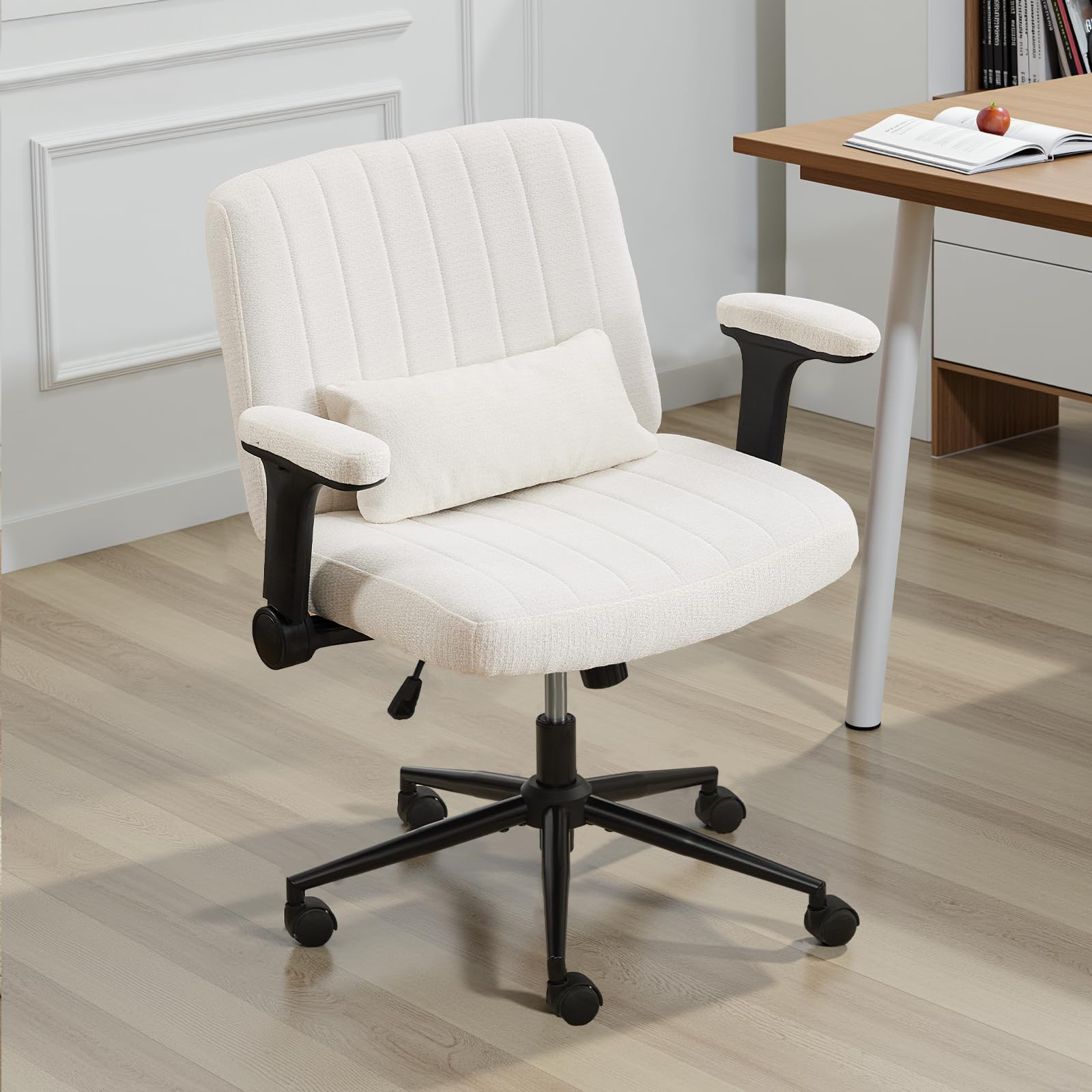 SITURAY Criss Cross Legged Chair with Flip-Up Arms, Comfy Rolling Office Desk Chair with Wheels, Wide Swivel Height Adjustable Mid Back Computer Task Vanity Chair (Chenille Fabric Beige)