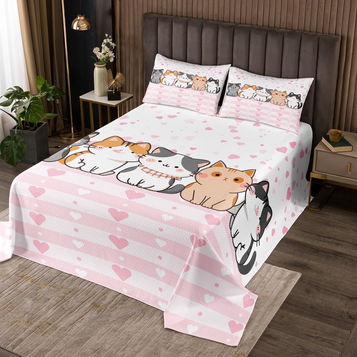 Erosebridal Kids Cartoon Cat Quilt Set Queen Size for Kids Teens Adults,Lovely Kitten Coverlet Set,Love Hearts Bedspread Set,Geometric Stripes Bed Cover Bedroom Decor