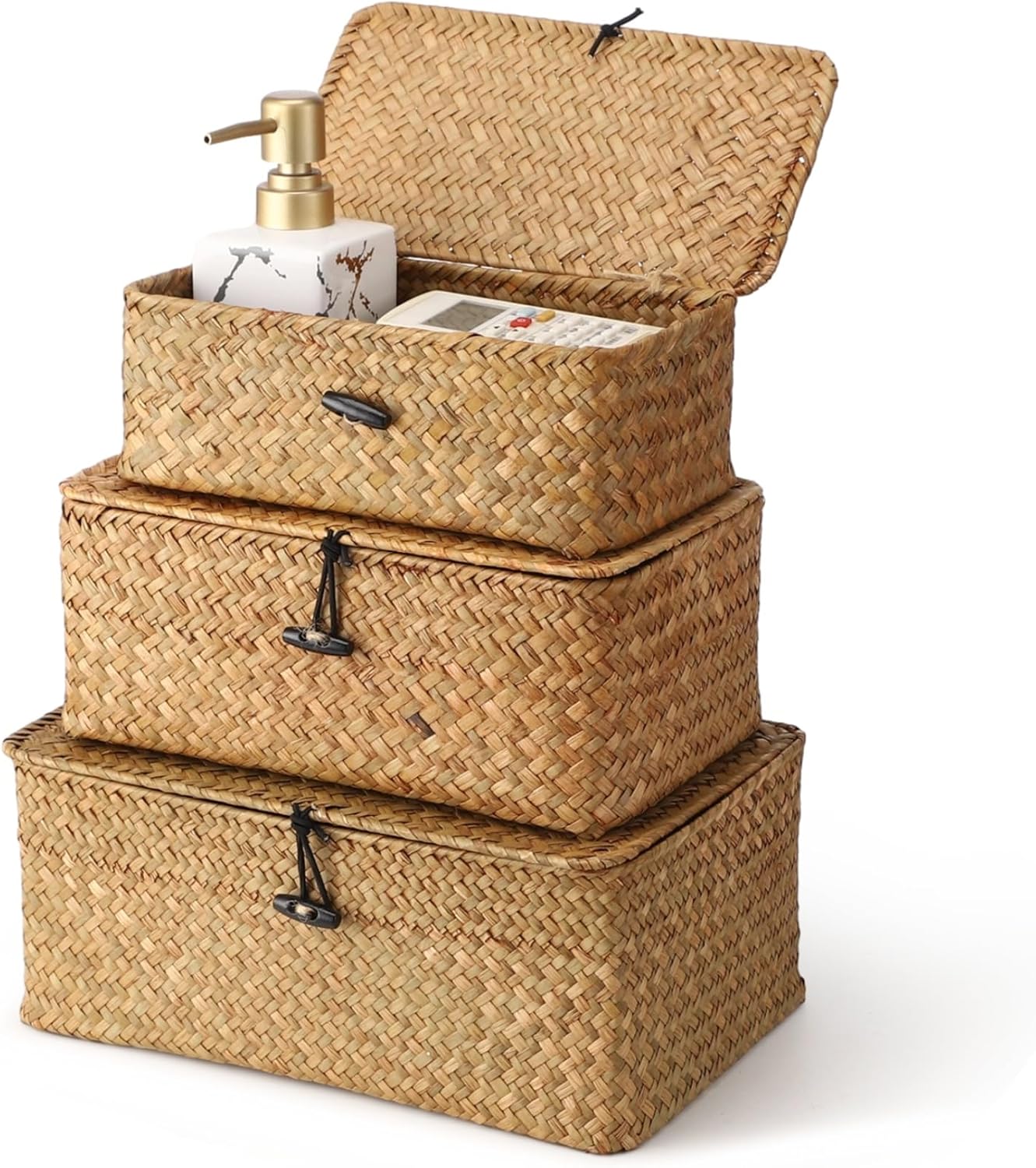 3 Pcs Storage Basket with Lid, Woven Storage Box Set, Handwoven Natural Seagrass Bins, Rectangular Decorative Organizer for Shelves