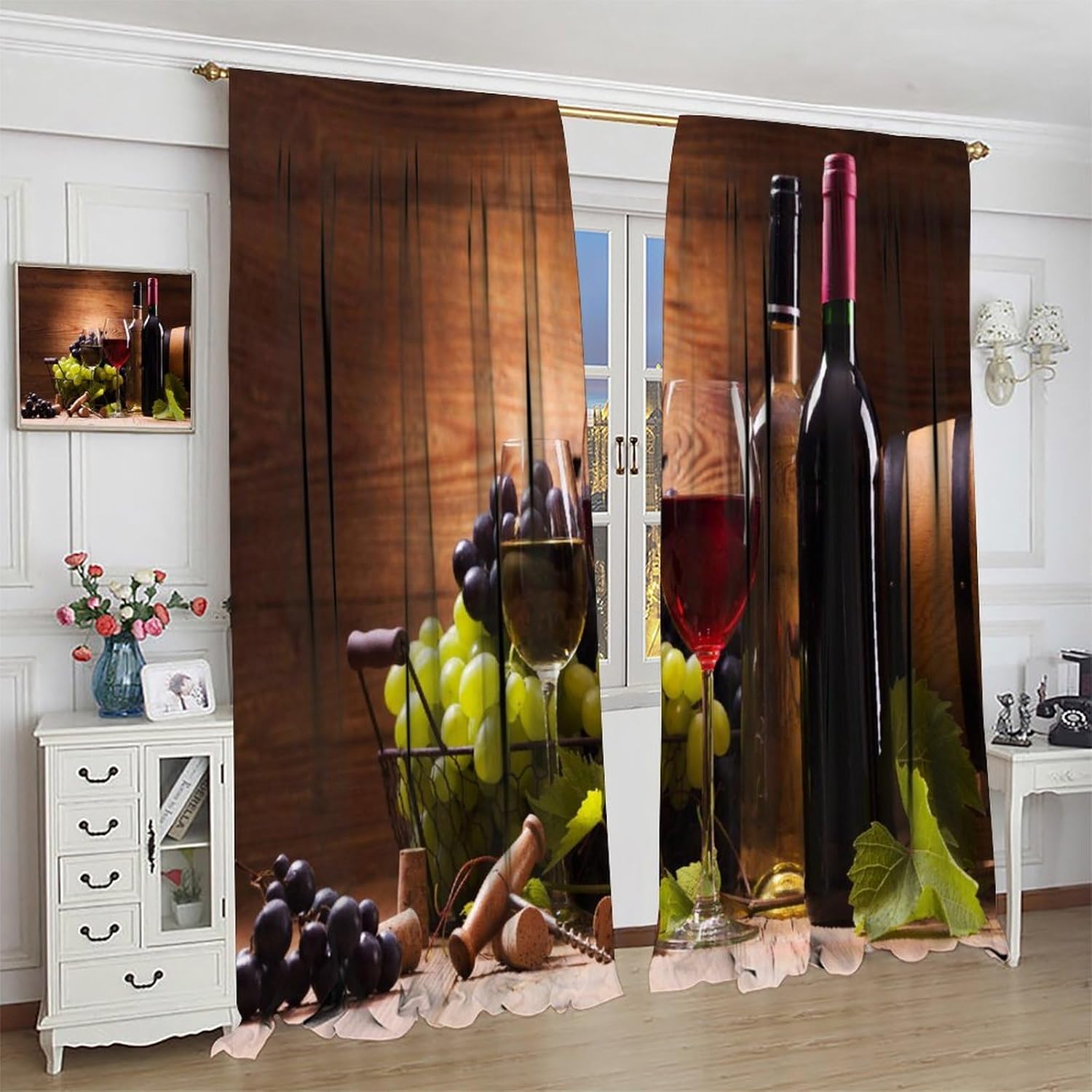 Wine Decor Window Curtains, Glasses of Red and White Wine Served with Grapes French Gourmet Tasting for Home Kitchen Restaurant Decoration Window Curtain 2 Panels 42x63in