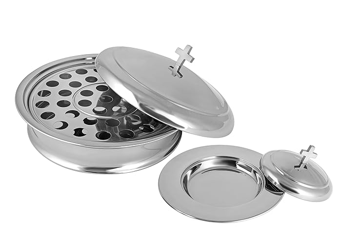 Mayur Exports Communion Ware | Holy Stackable 1 Communion Tray with a Cover & 1 Bread Plate with a Cover for Churches | Stainless Steel - Shiny (Mirror) Finish