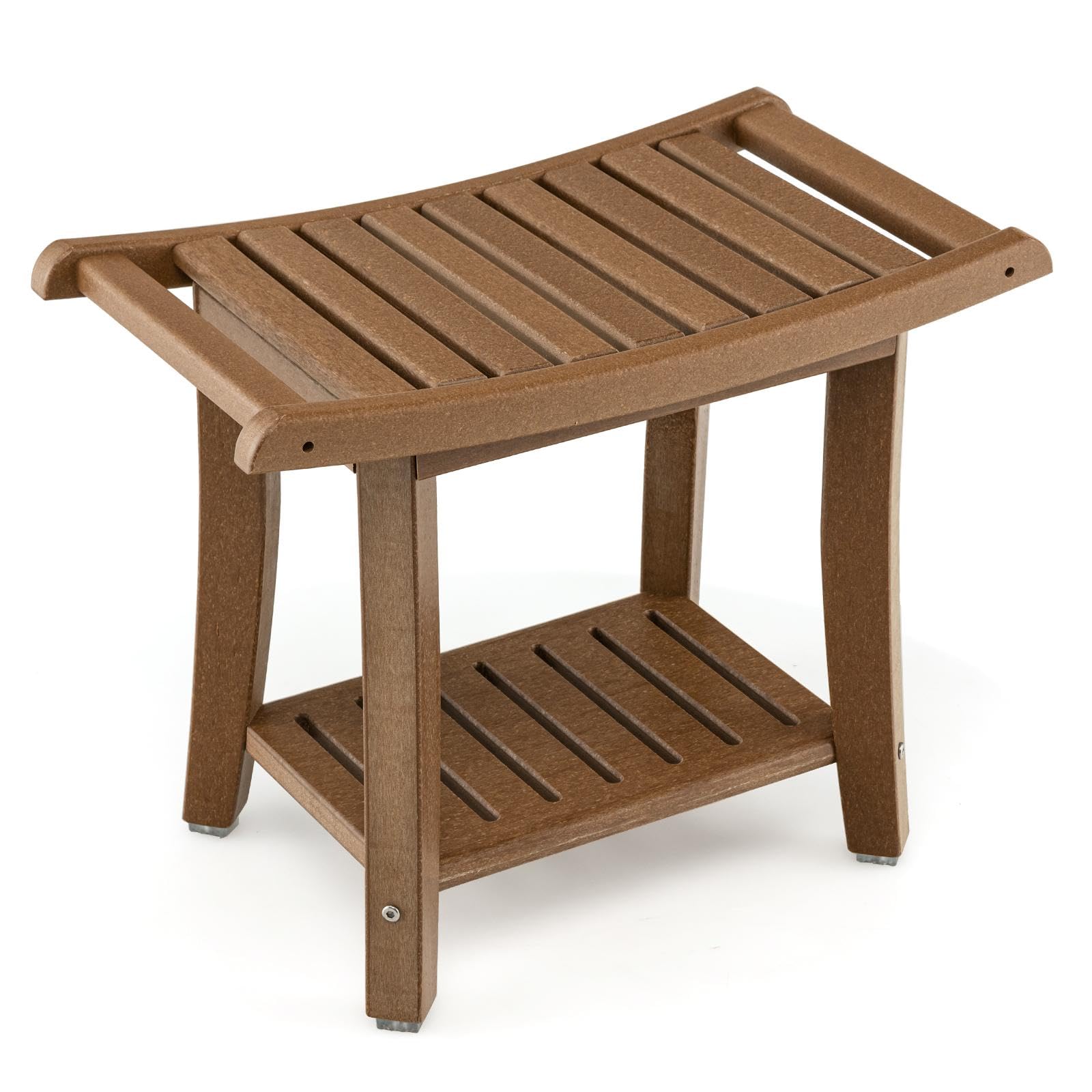 2-Tier Shower Bench Stool With Storage Shelf - HDPE Bath Seat For Elderly, Disabled (Brown)