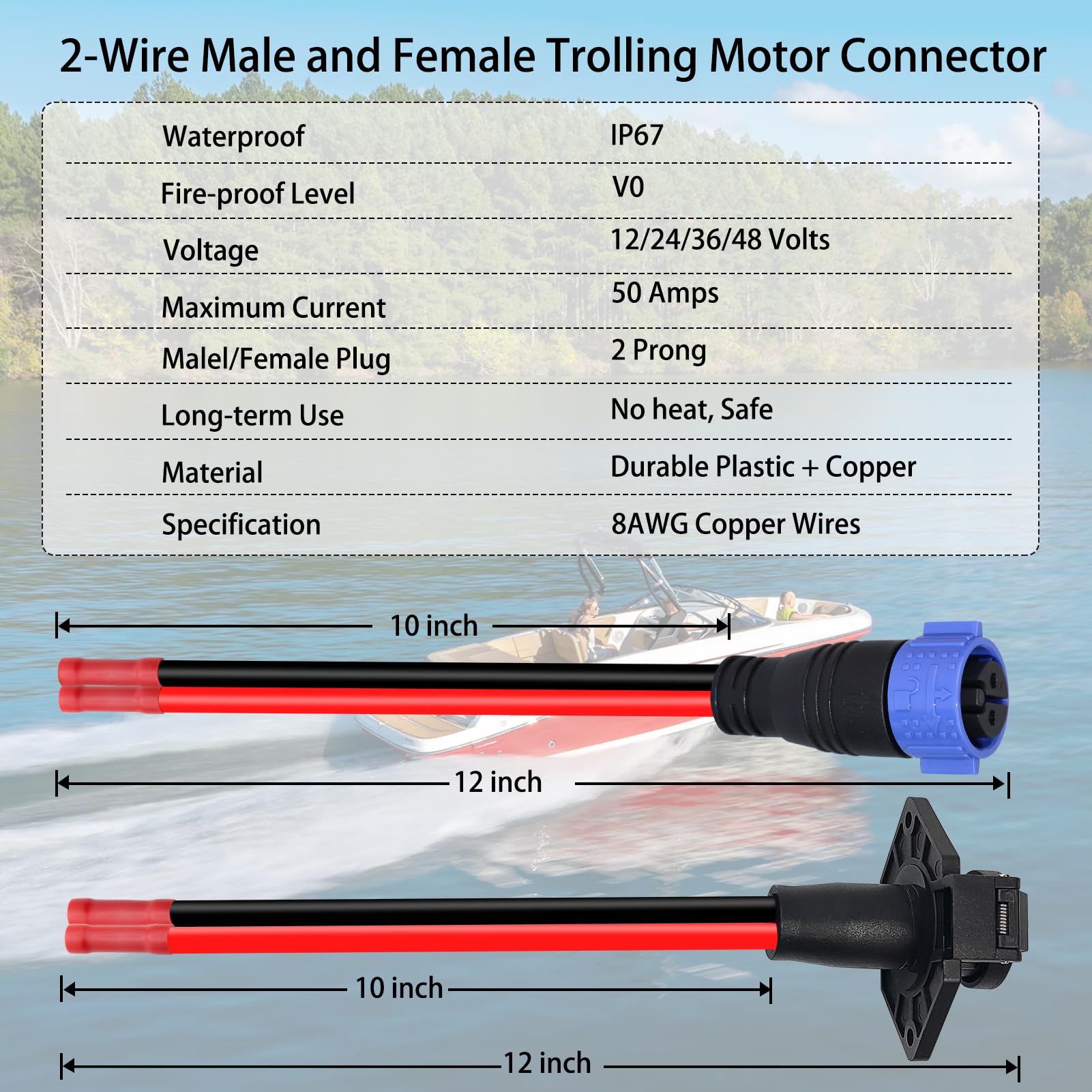 Enchufe y receptáculo de motor de arrastre de 50 A para barco marino Minn Kota, enchufe de motor de arrastre de 12 V/24 V/26 V/48 V, conexión rápida, macho y hembra, calibre 8, 2 cables