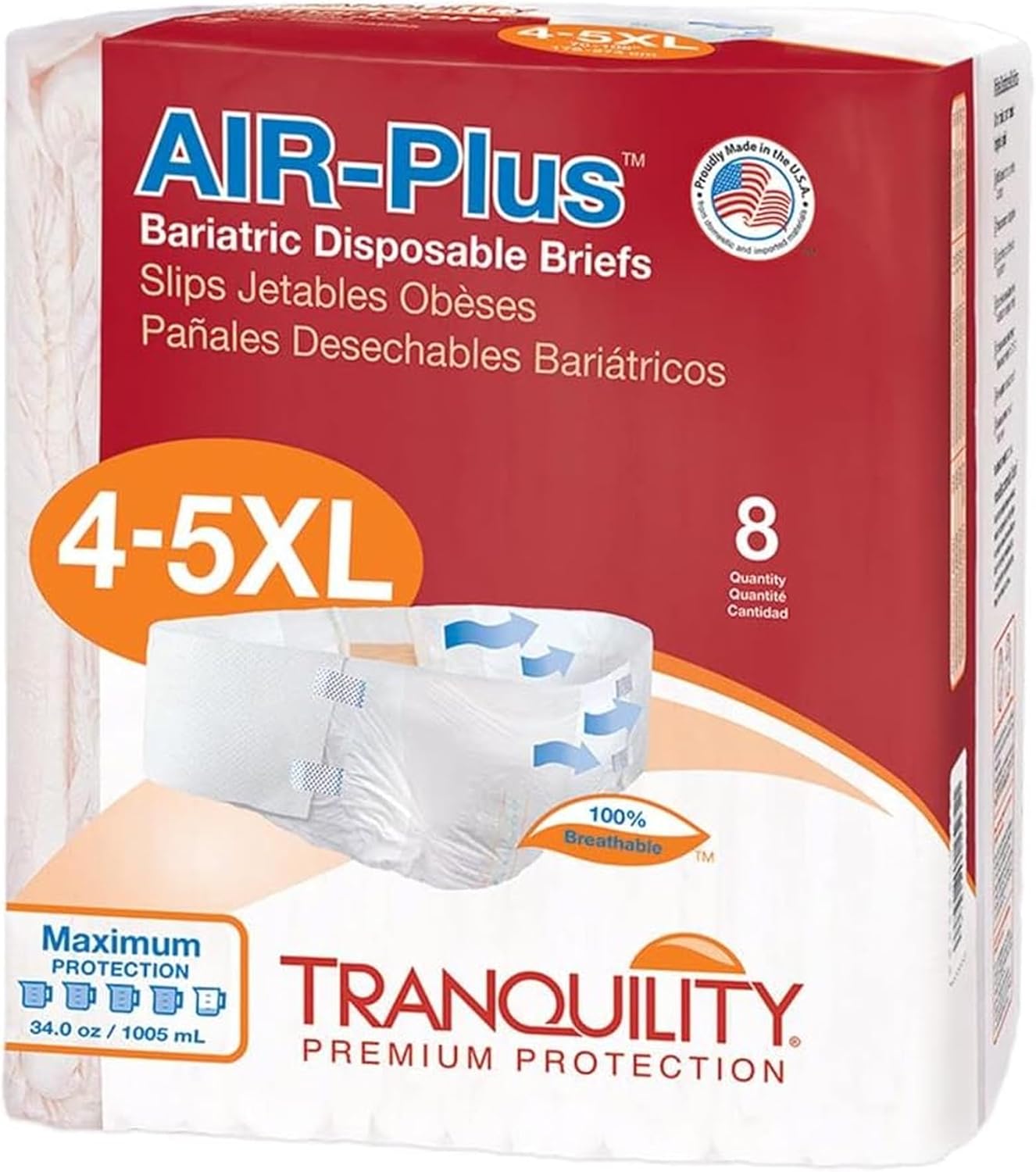 Tranquility Bariatric Disposable Briefs 4X-Large with AIR-Plus Fully Breathable Fabric for Skin Dryness & Integrity, Latex-Free, 34oz Capacity, 8ct Bag