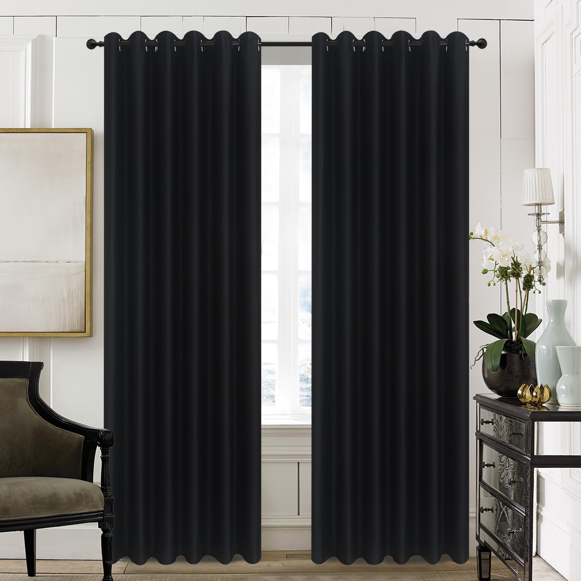 WEAVERS: Luxury Heavy Thick Blackout Curtains for Bedroom, Living Room and Office - Tightly woven Energy Saving Light Blocking Thermal Insulated Curtains with Eyelets Ring Top. (Black - 66" x 72")