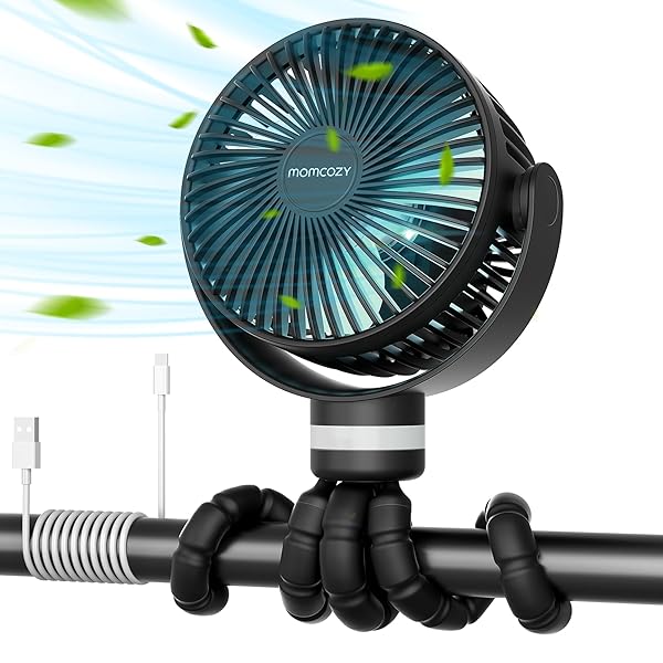 Momcozy 8000mAh Portable Stroller Fan | 27H Ultra-long Battery Life | Detachable 4 Speed 360°Rotate | 2 Modes LED Night Light, USB Rechargeable Handheld Cooling Fan for Travel, Car Seat, Bedroom