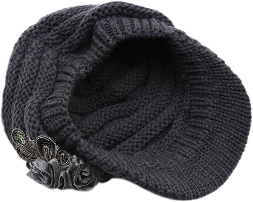 Miniatura 4 de C-US - Gorro de punto cálido de invierno para mujer con borde de ganchillo con acento de flores