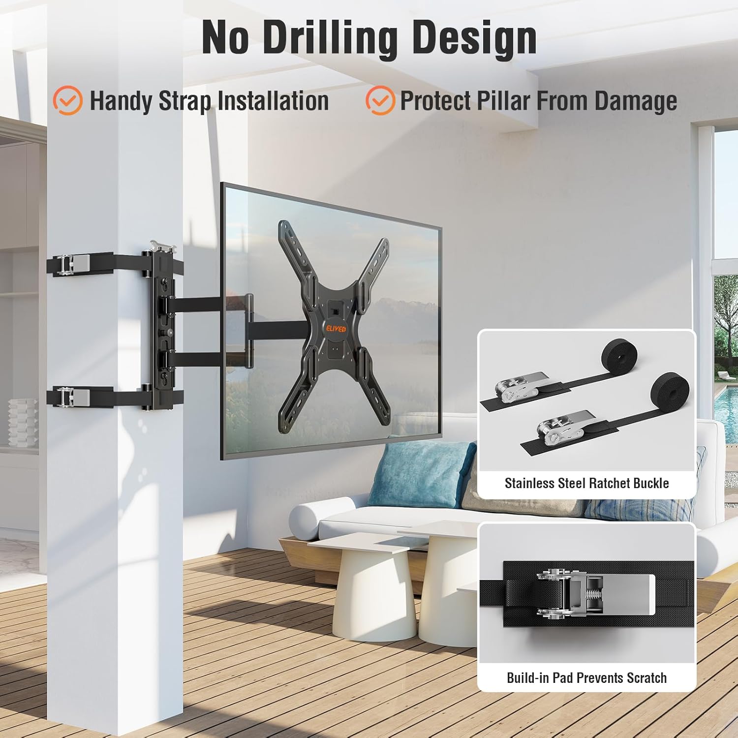 ELIVED Pillar TV Mount showing the no-drilling strap installation with stainless steel ratchet buckles and built-in pad.
