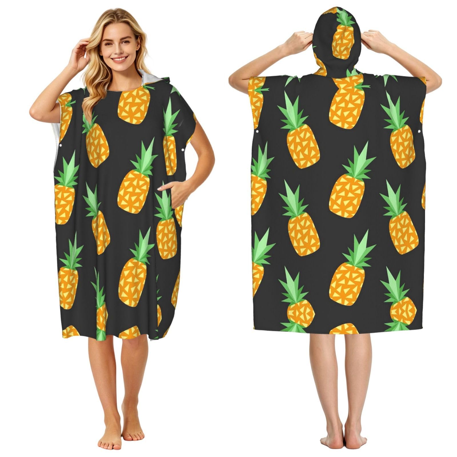 EZDLOWVBA Pineapple Print Hooded Poncho Microfiber Beach Towel,Adult Women & Men Changing Robe,Lightweight Summer Surf Swim Bath Poncho Towel