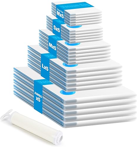 Miniatura 15 de Paquete de 20 bolsas de almacenamiento al vacío (4 Jumbo/4 Grandes/4 Medianas/4 Pequeñas/4 Rollos M), bolsas de sellado al vacío con bomba de mano