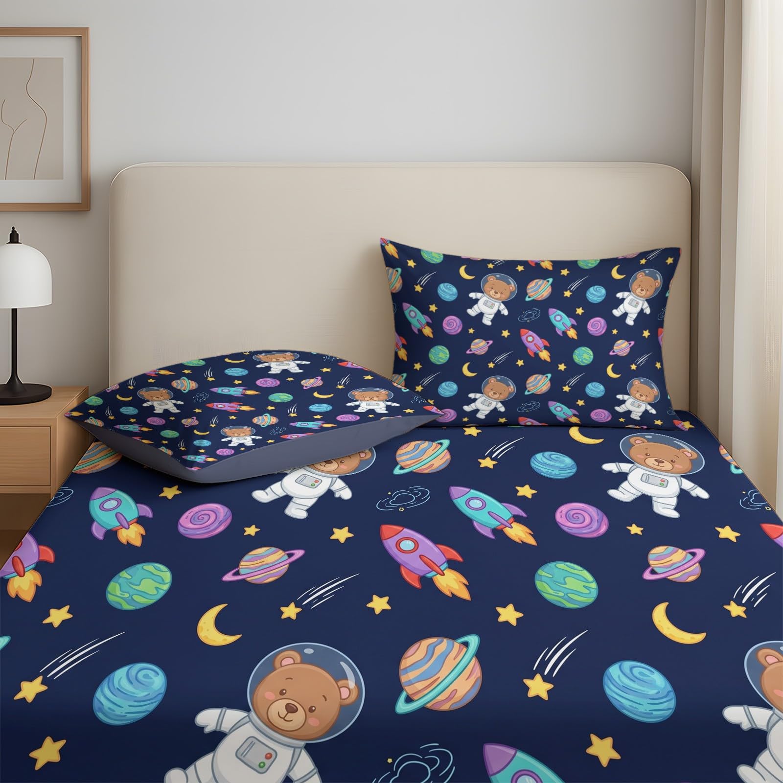 Space pojedyncze prześcieradło z gumką, 90 x 190 cm, kreskówkowa planeta, rakieta, z głęboką kieszenią, głębokość 30 cm, zestaw pościeli z miękkiej mikrofibry, łatwe w pielęgnacji
