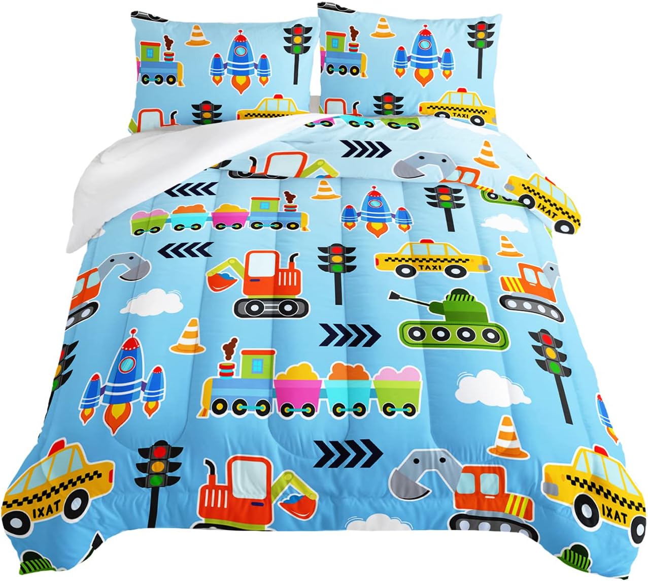 HOSIMA Cartoon Car Kids Comforter Sets for Kids Girls Boys,Taxi Excavator Tractor Bedding Set,Cartoon Rocket Train Comforter Full Size,Soft Microfiber All Season Light Blue Comforter. Blue-a Full