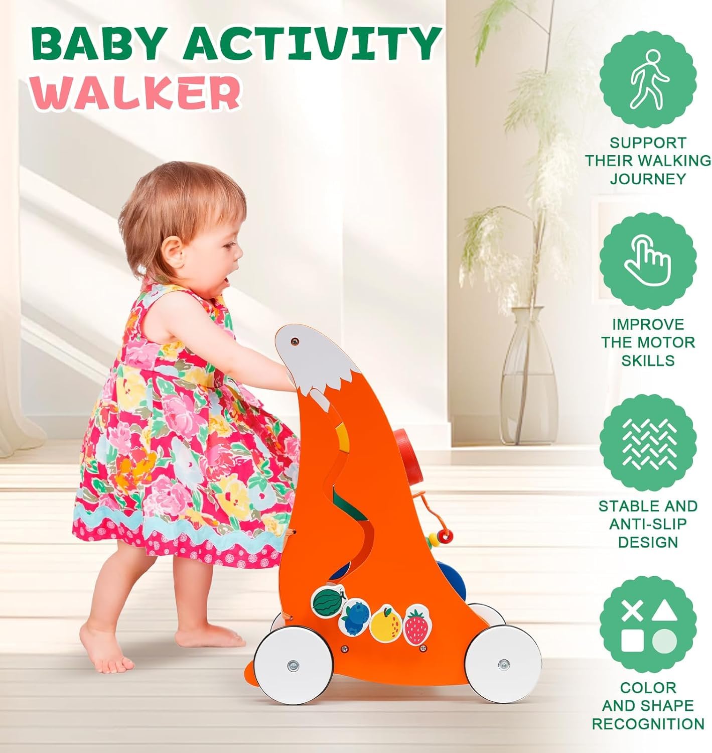 Trotteur Bébé,Chariot de Marche en wood ouet Enfant 1 an-Jouet en Bois avec Musique et trieur de Formes,Jouet Multifonction Montessori,Chariot de Marche en Bois,Cadeau pour Garçons et Filles