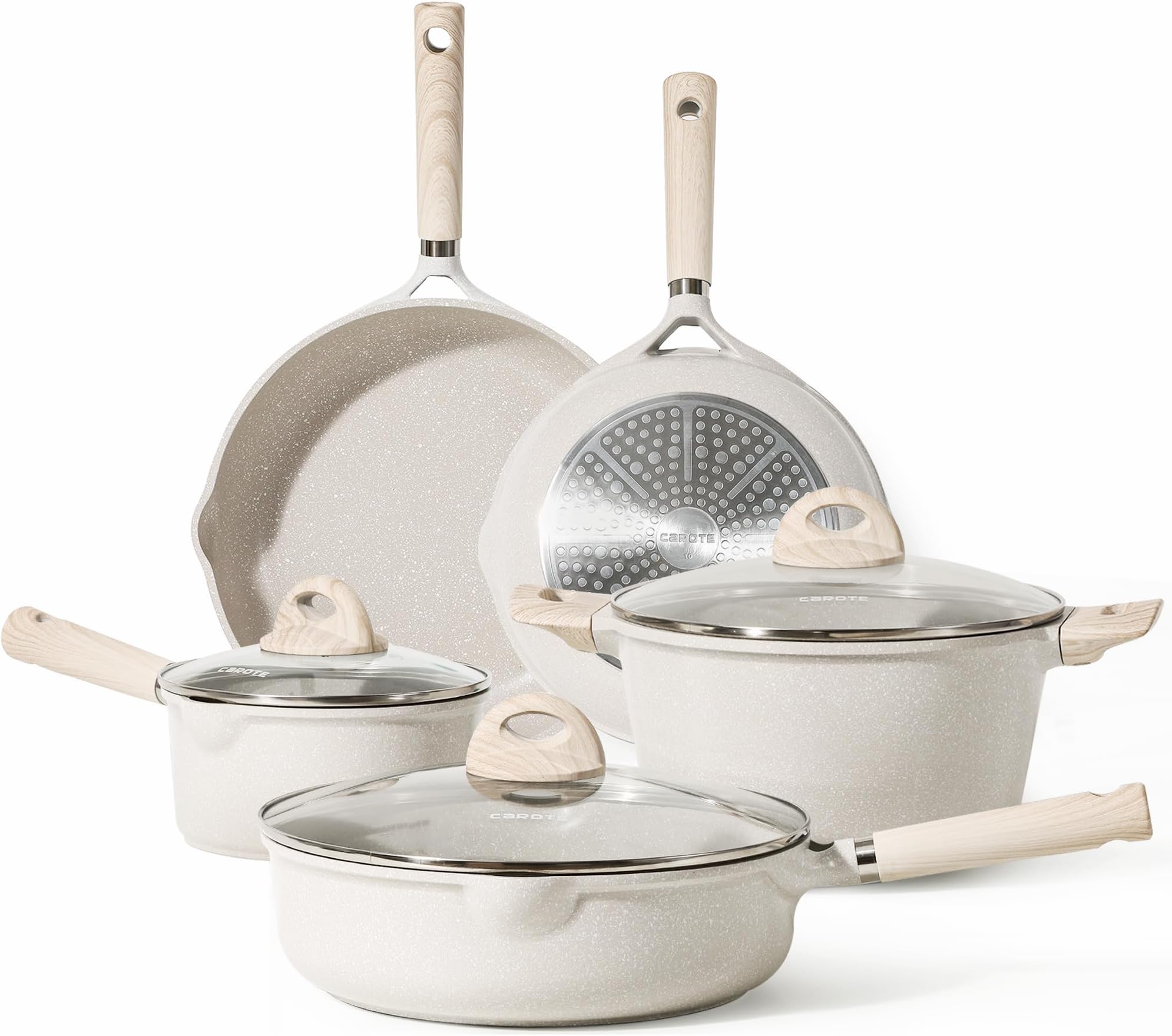 CAROTE Ensemble de 11 casseroles et poêles antiadhésives avec poignée amovible, batterie de