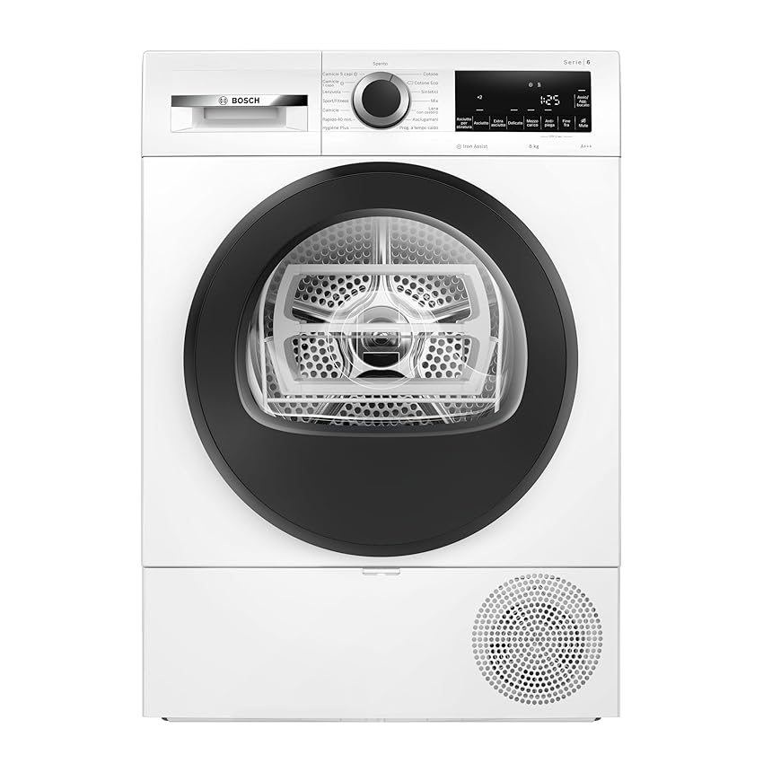 Bosch WQG233C0IT Serie 6, Asciugatrice a pompa di calore, 8 kg, Classe energetica C, Filtro semplice da pulire, Riduce le pieghe, Sensori di asciugatura intelligenti, Cestello Lana, Bianco, 60 cm.
