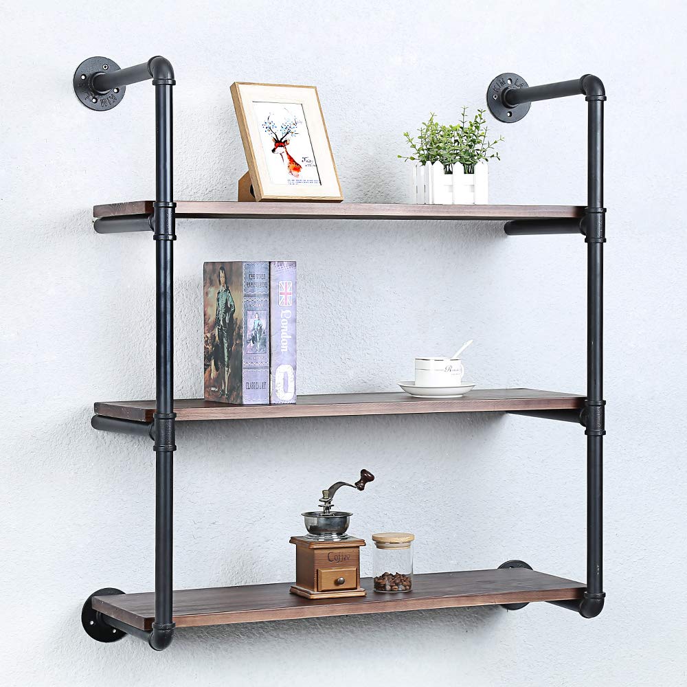 Industrial Pipe Shelving Wall Mounted,30in Rustic Metal Floating Shelves,Steampunk Real Wood Book Shelves,Wall Shelf Unit Bookshelf Hanging Wall Shelves,Farmhouse Kitchen Bar Shelving(3 Tier)