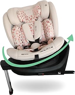 My Babiie MBCS400 360° Spin R129 Baby Car Seat – Support Leg, ISOFIX, Birth to 12yrs (40-150cm), i-Size, ERF, Group 0+/1/2/3, Rotating 360 Swivel - Pink Leopard