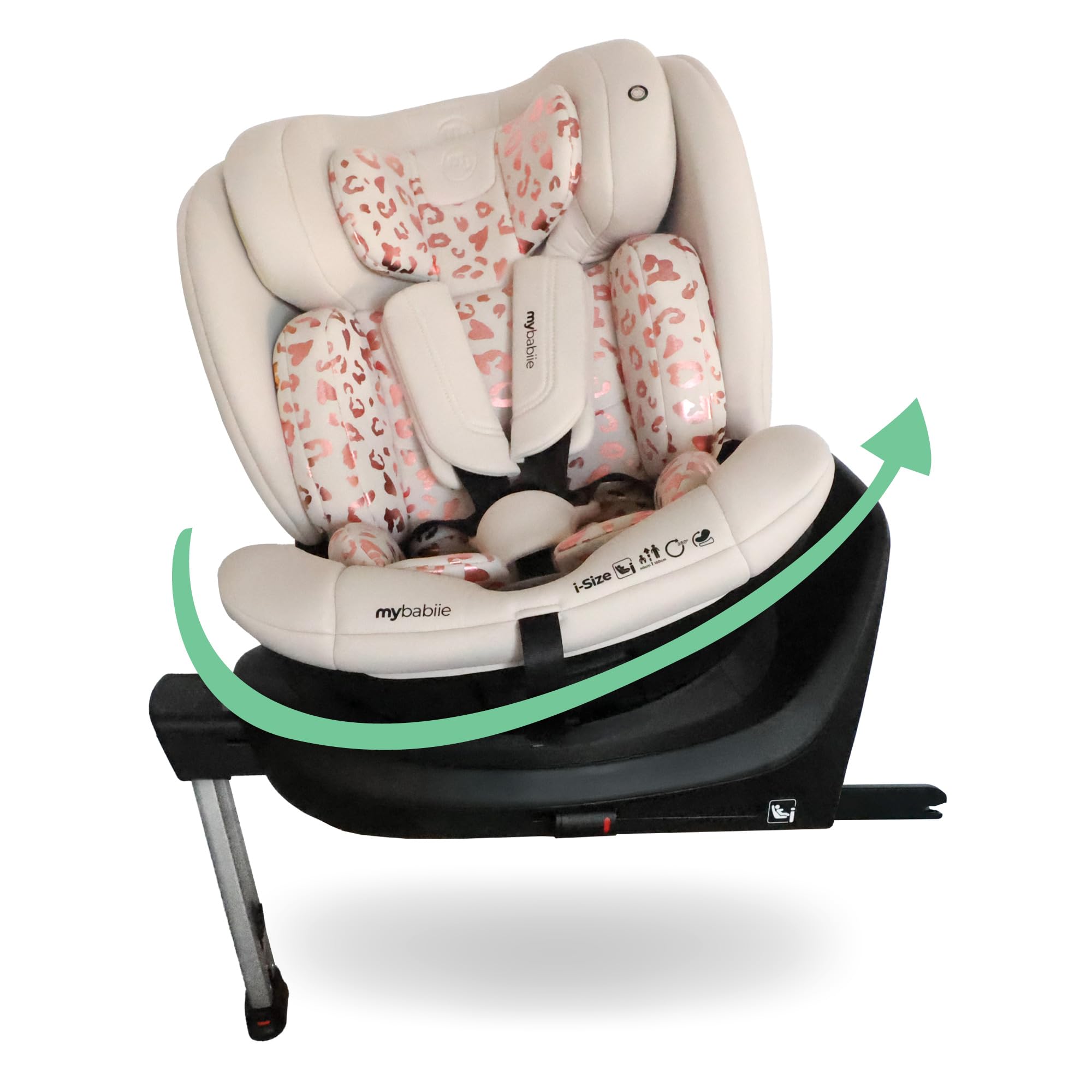 My Babiie MBCS400 360° Spin R129 - Asiento de coche para bebé - Pierna de apoyo, ISOFIX, nacimiento a 12 años (40-150 cm), i-Size, ERF, grupo 0+/1/2/3, giratorio 360 - Leopardo rosa
