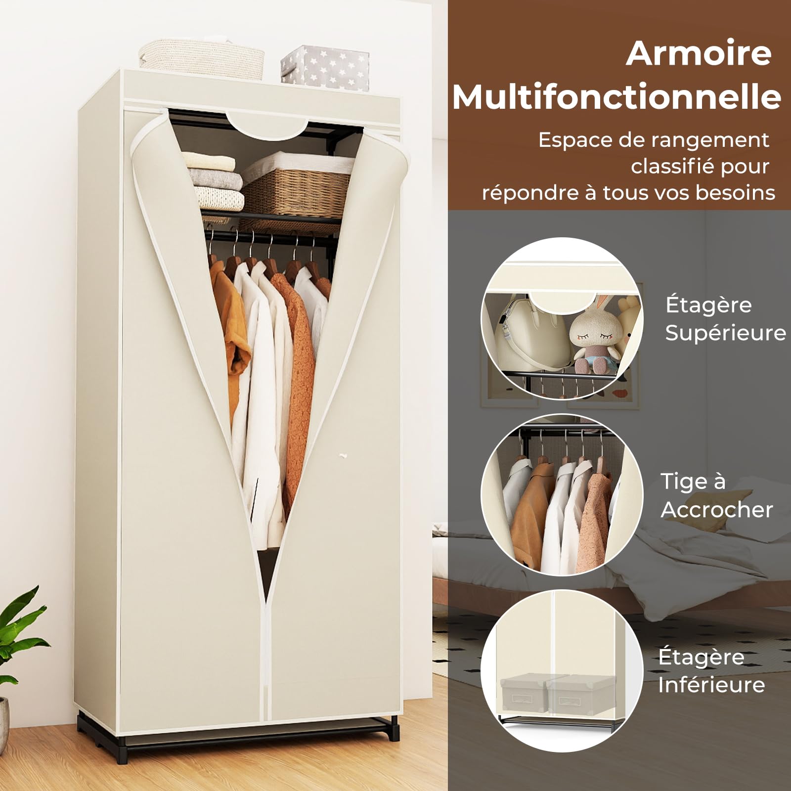 GOPLUS Armoire-penderie Multifonctionnelle, Armoire de Rangement avec Housse Amovible et Barres Transversales Renforcées, Étagères et Tige de Suspension Équipées, Charge Max 30KG (Modèle B,Beige)