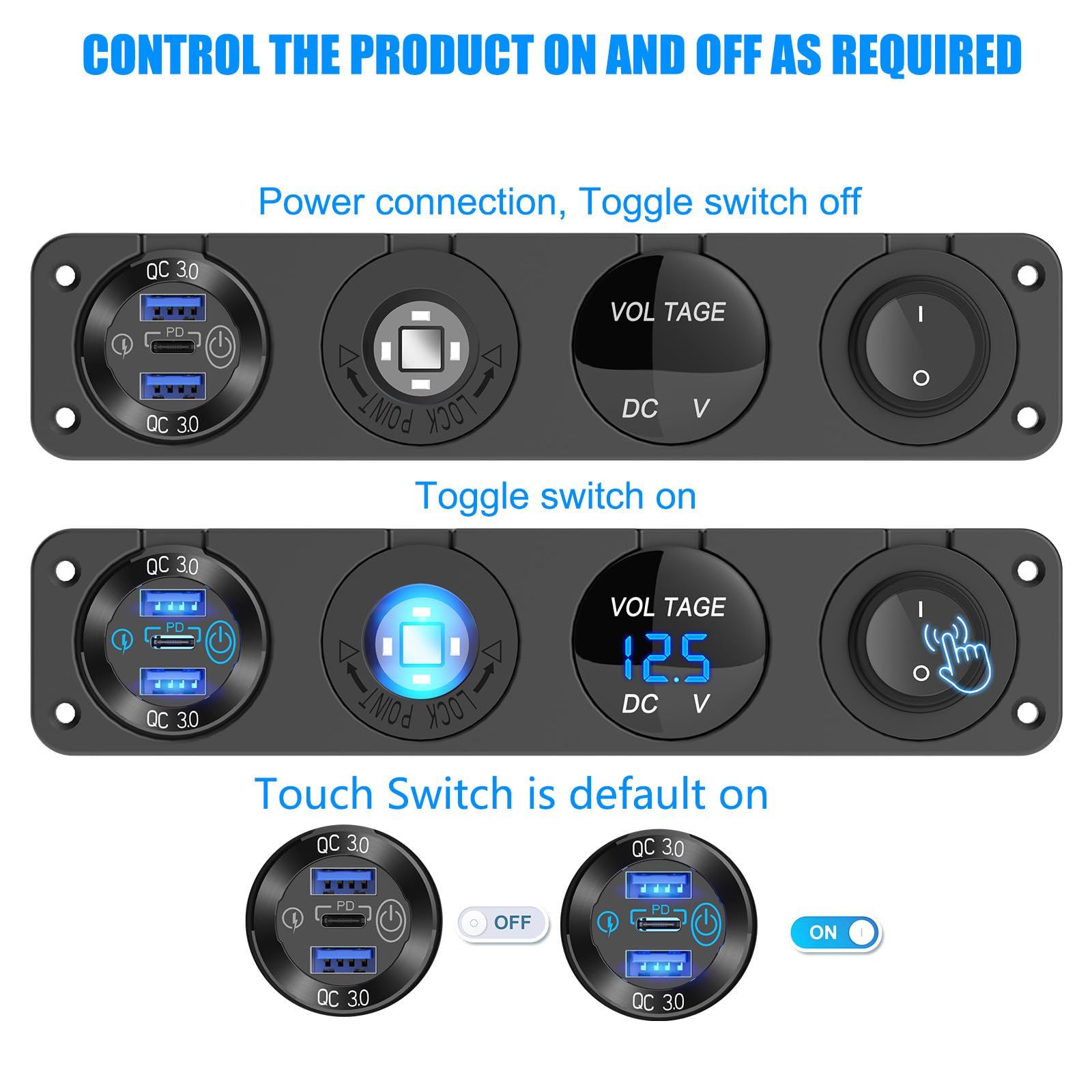 12 V USB-stopcontact, bootaccessoires, marine, schakelpaneel, stekker, PD3.0 en twee QC3.0 USB-poorten, aluminium autolader met voltmeter, verlicht 150 W sigarettenaansteker-stopcontact en