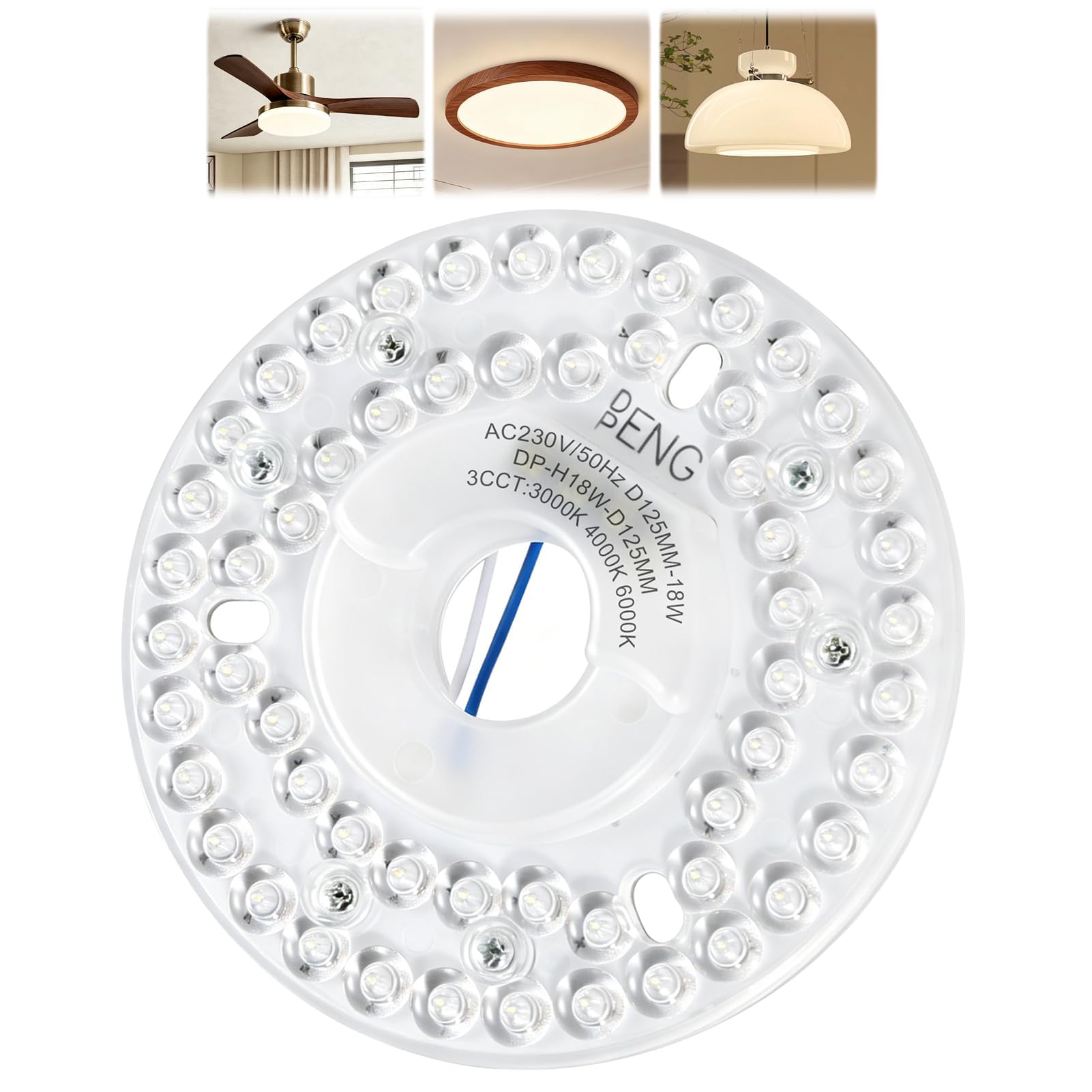 Kit LED 18W per Ventilatore a Soffitto, Modulo Led Circolare 4,92 Pollici 3CCT 3000K 4000K 6000K, Led Ricambio Ventilatore Soffitto per Plafoniera Lampadario Luce a Parete