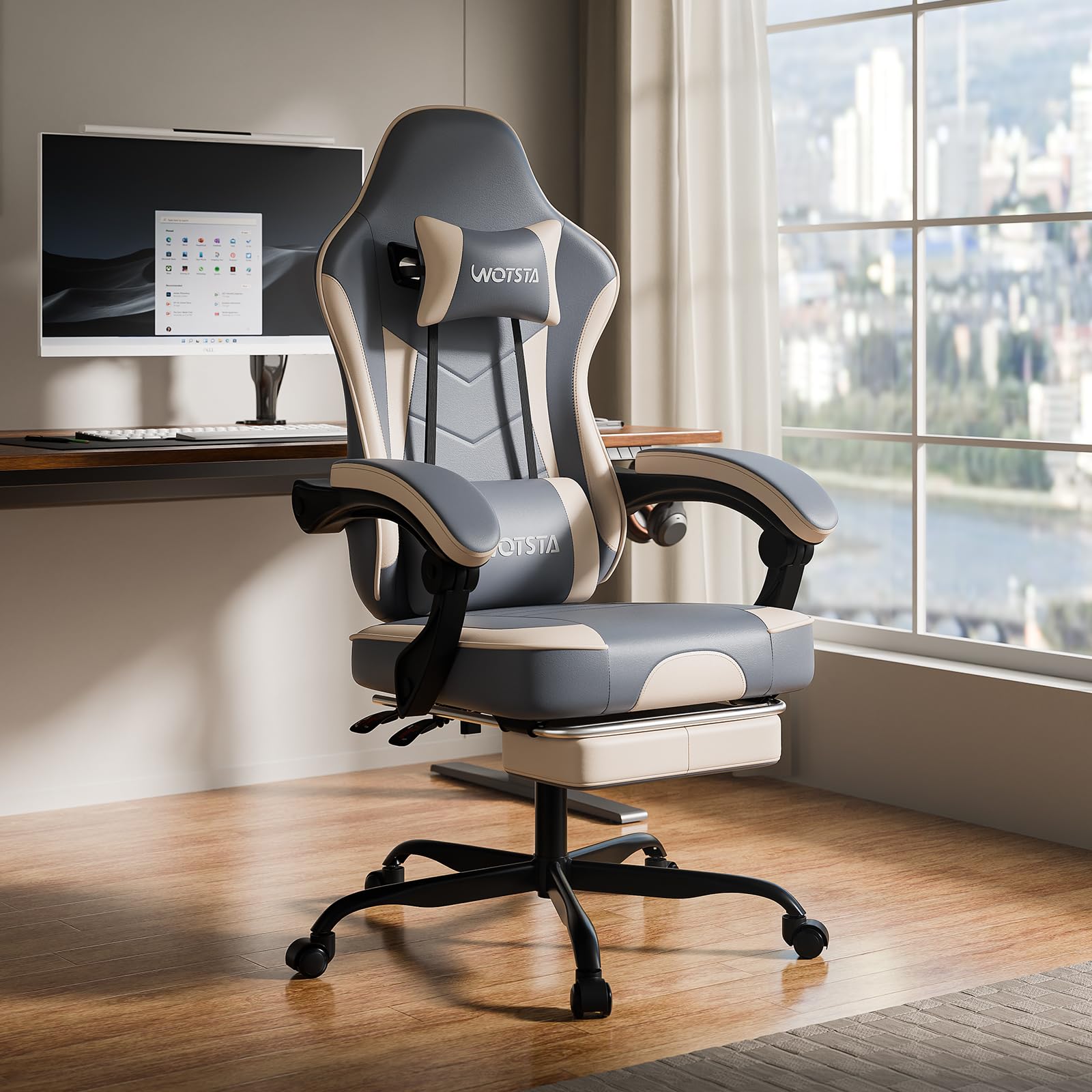 Chaise Gaming Racing, Siege Gaming Repose-Pieds Rétractable, Fauteuil Gamer avec Massage Lombaire, Fauteuil Bureau Ergonomique Confortable, Dossier Inclinable à 135°, Charge 120 kg