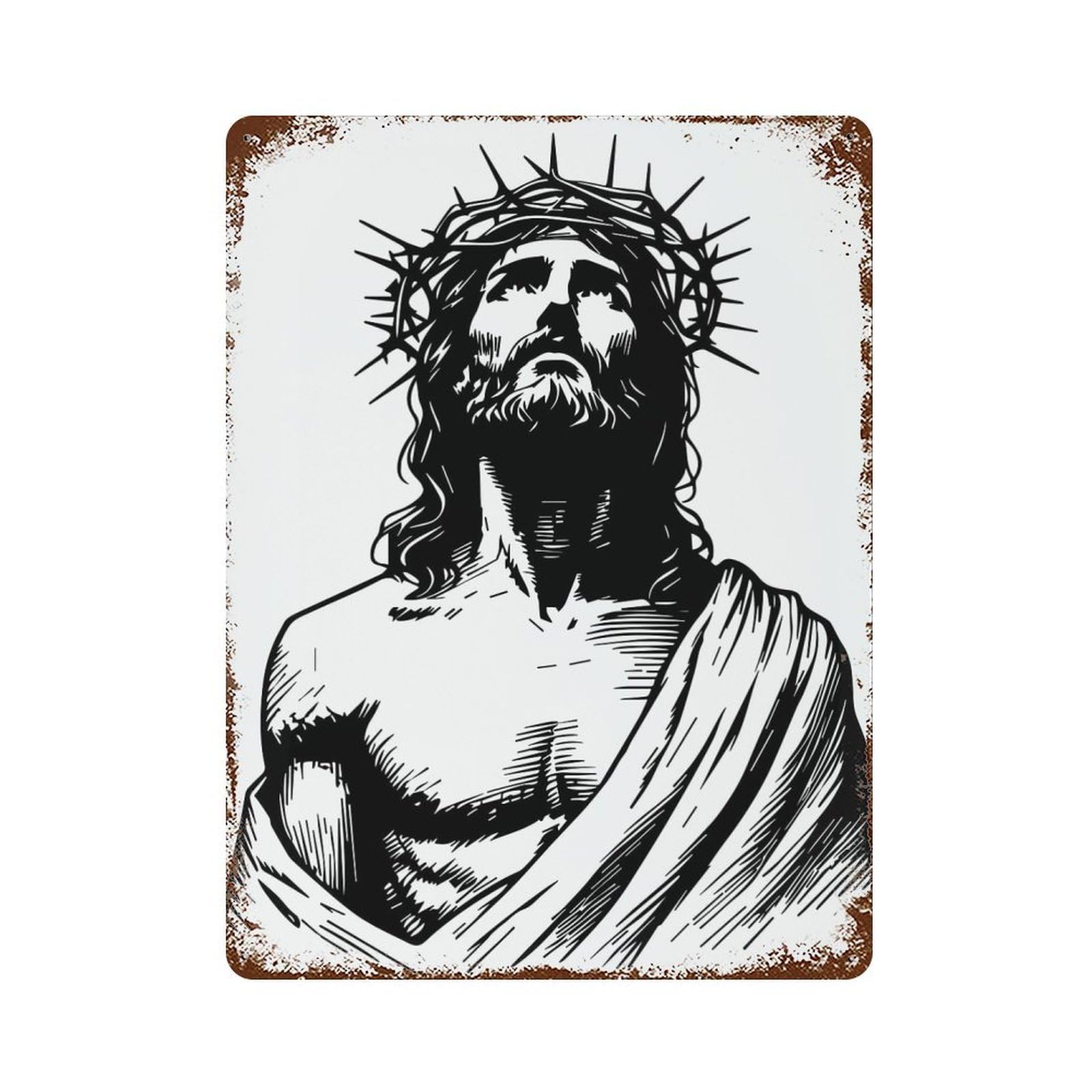 Jesus Christ with Crown of Thorns Rusty Metal Tin Sign 15.7"x11.8", for Living Room, Hallway And Home Decor, Old School Wall Decor