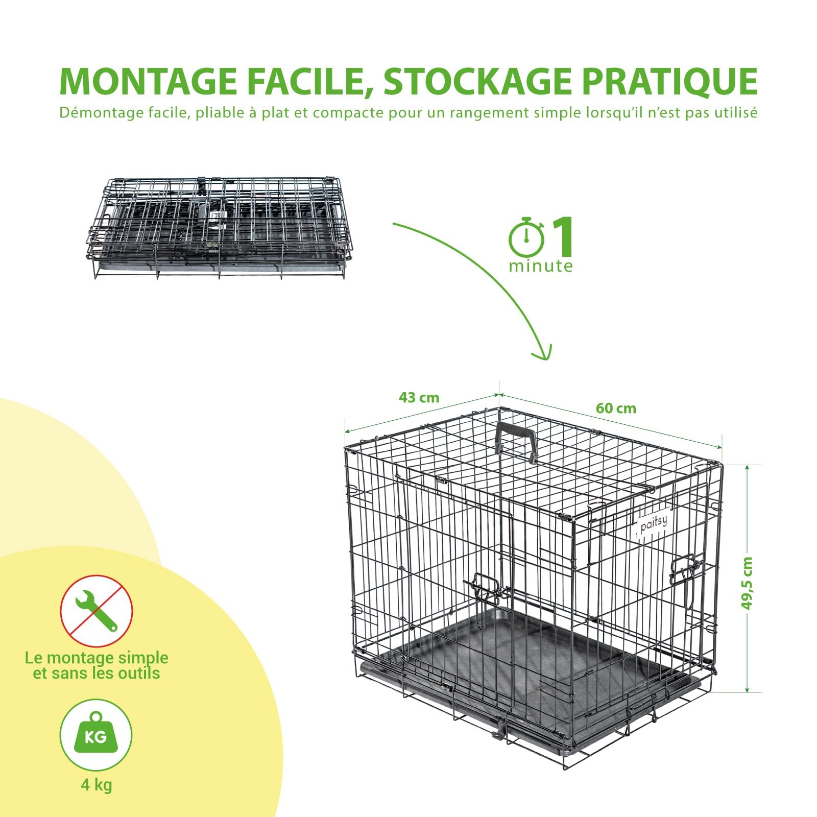 Cage pour Chien FortressooS, Caisse de Transport pour Chien et Chiot 60x43x49cm, Pliable, 2 Portes, Plateau Amovible, Utilisation Interieur Paitsy