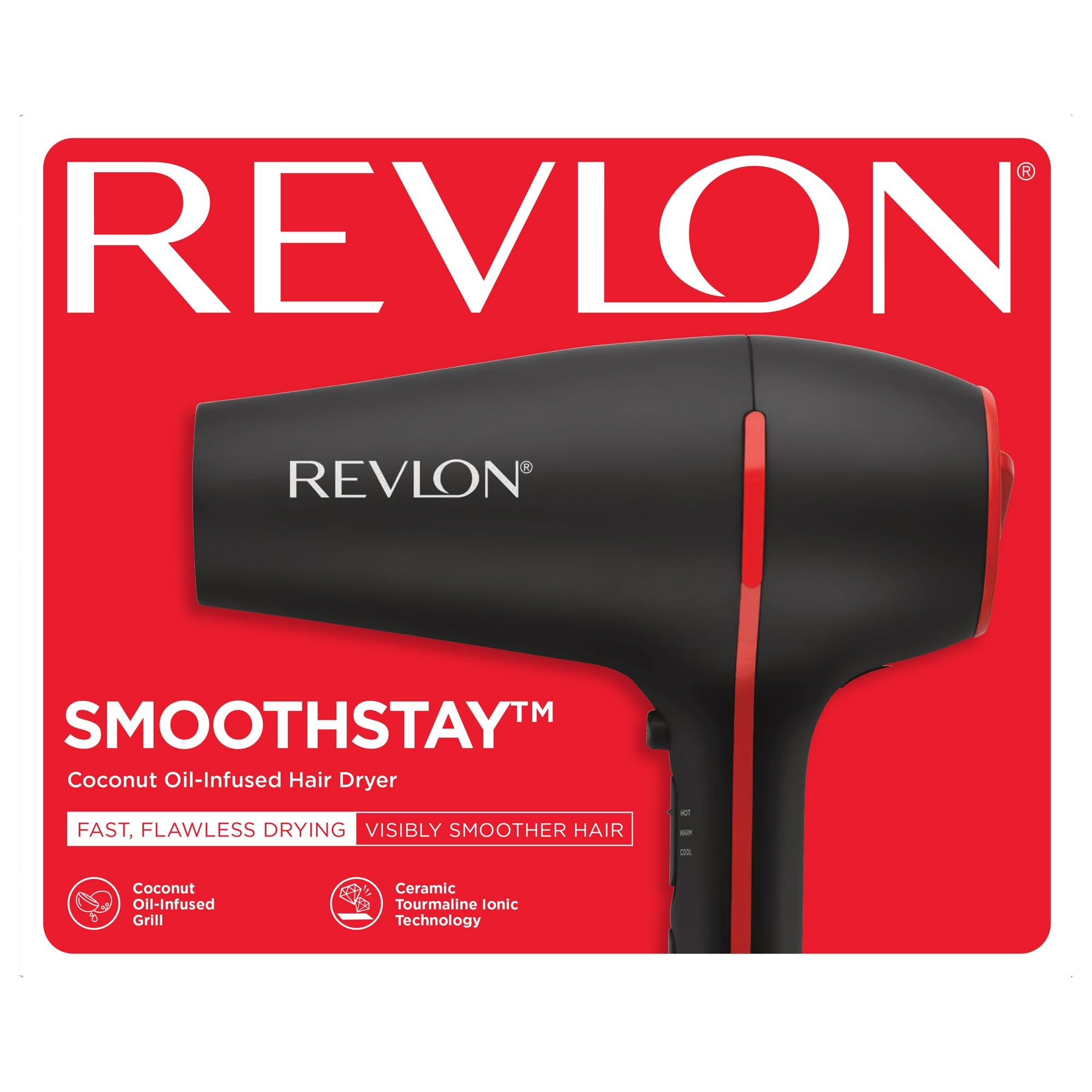 REVLON SmoothStay Coconut Oil Infused Hair Dryer with Diffuser & Concentrator - Ionic Ceramic Blow Dryer for Frizz Control, Shine, Smoothness & Volume, 1875W Lightweight Salon-Quality