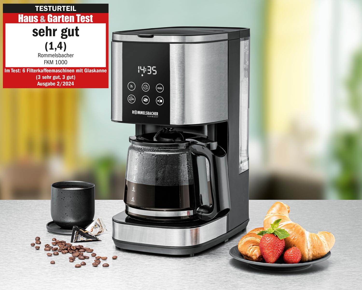 Rommelsbacher Filterkaffeemaschine FKM 1000-1,5 Liter Wassertank für 12 Tassen Kaffee, Glaskanne, Startzeitvorwahl, Warmaltefunktion, Aromafunktion, herausnehmbarer Filterträger 1x4