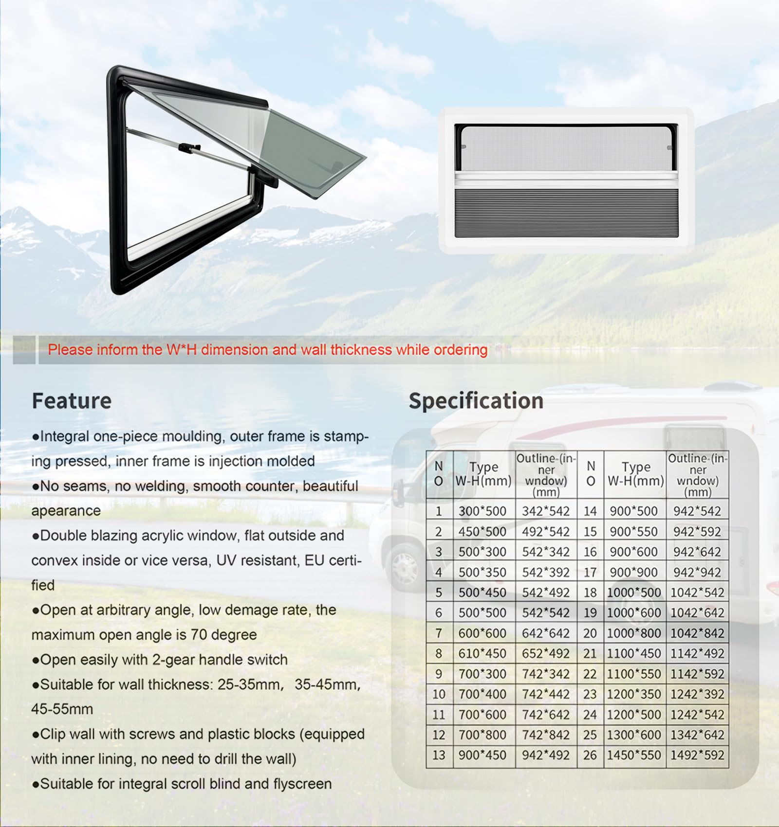 1100x550mm Ventana Camper Abatible para Caravana y Autocaravana, Ventana Lateral Externa con Persiana Integrada y Mosquitera para Furgonetas y Autocaravanas