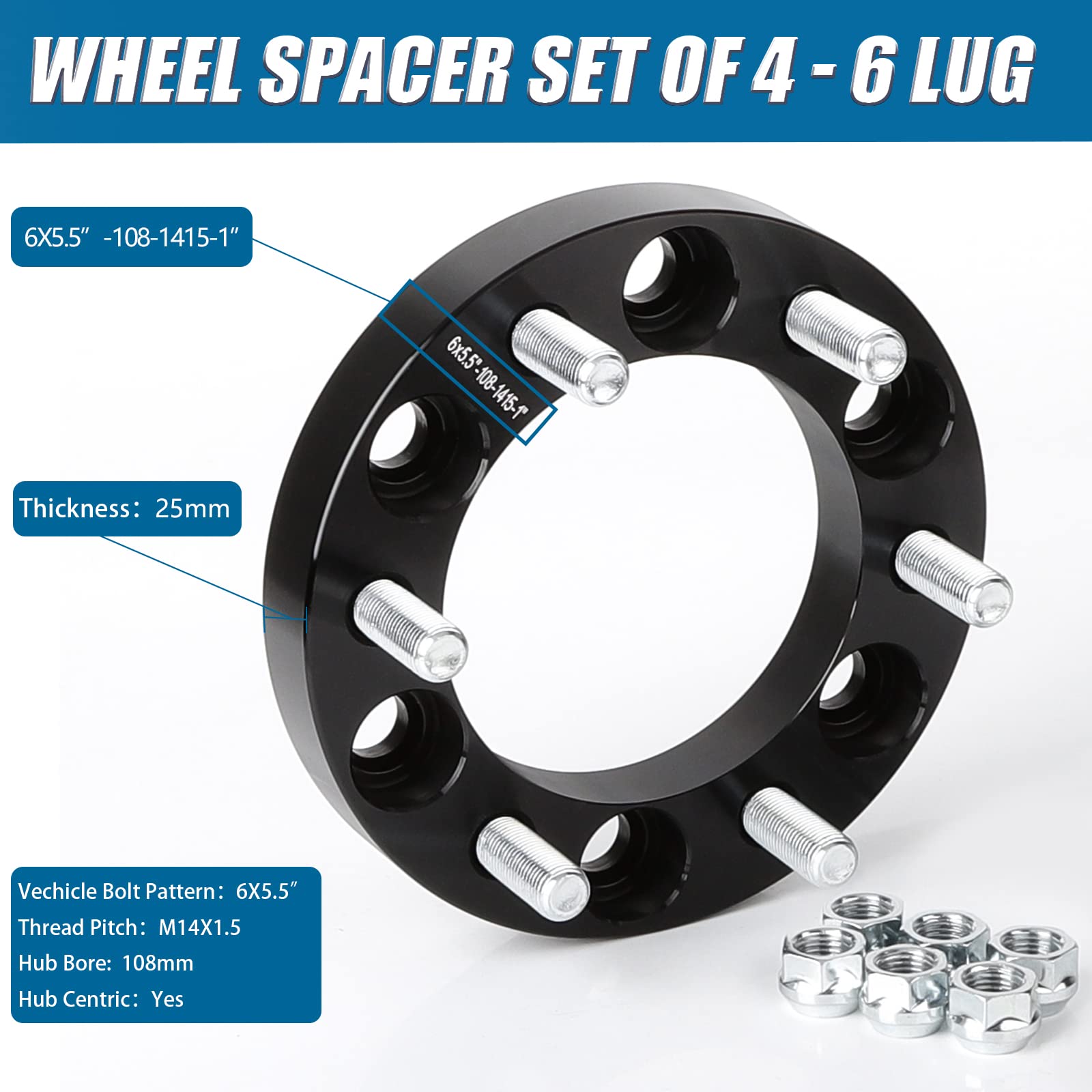 4x 1\" Wheel Spacers Adapters For Silverado Suburban Tahoe - 6x5.5 Bolt Pattern, Hub-Centric, Aluminum/Steel, Black