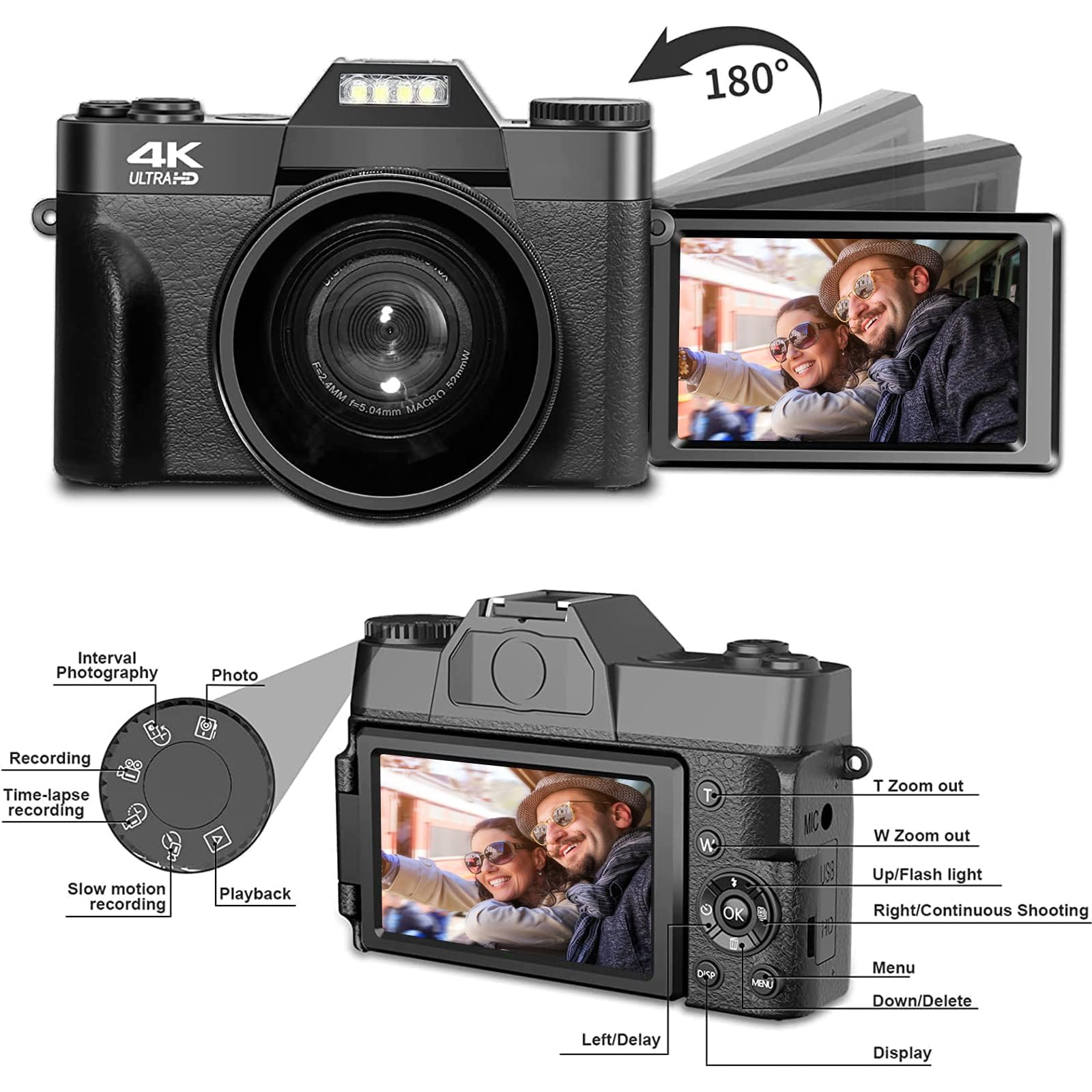 CCN Appareil Photo numérique 4K 48MP, avec 180° Flip 3.0" écran, 16X Zoom numérique Appareil Photo Compact avec Objectif Grand Angle et Macro, 64GB TF Carte, WiFi, Version de Mise à Niveau, Noir