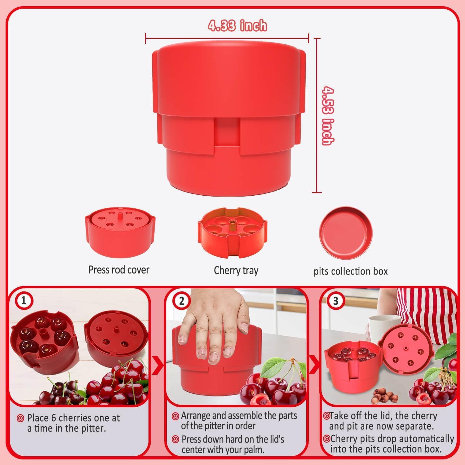Kirschentkerner Cherry Stoner Pitter, Multi-Kirschkernentferner, Entsteiner Kirschen Kirschentsteiner Griff 6 Entkerner Kirschen Pitter mit Einfach Squeeze Rot