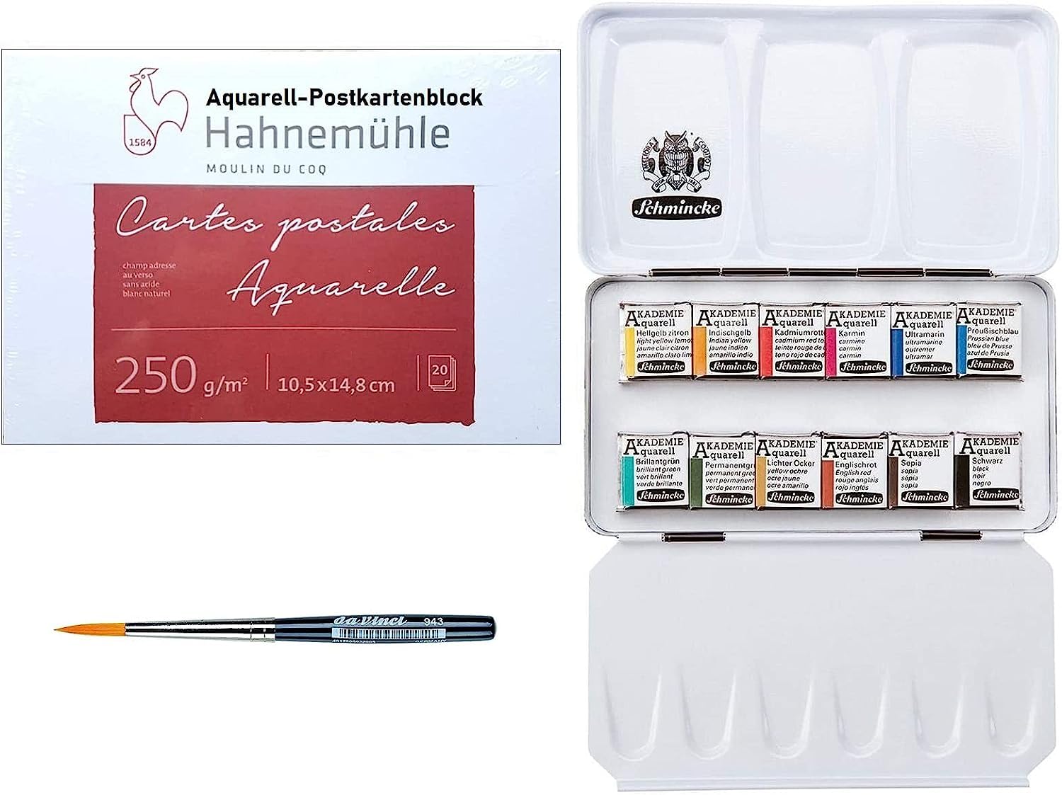 Schmincke Academy Aquarellfarbkasten, Metallkasten, 12 x 1/2 Näpfchen + Hahnemühle Aquarell-Postkartenblock 10,5 x 14,8 cm mit Da Vinci Mini-Pinsel
